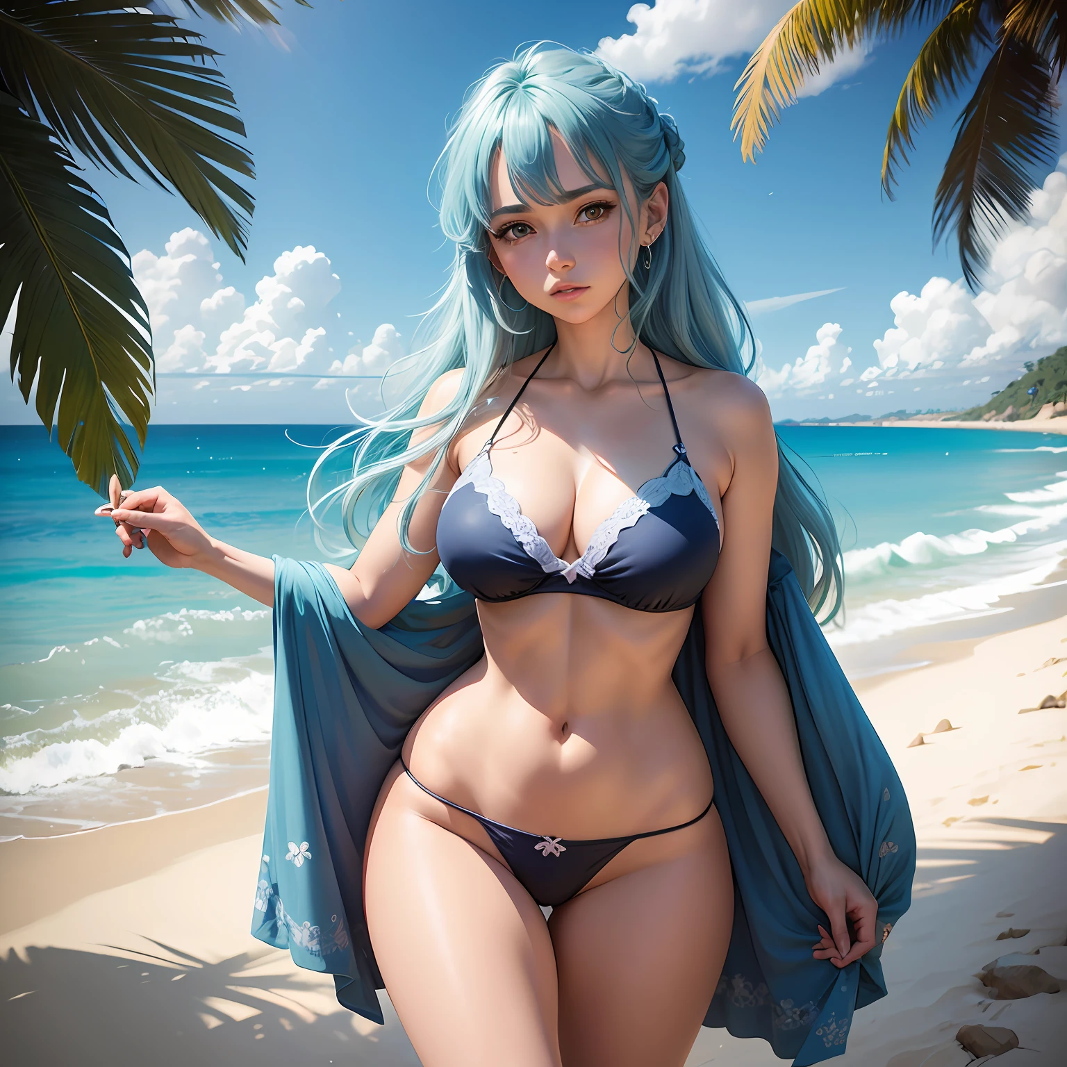 obra-prima, melhor qualidade, arte oficial, papel de parede 8k, altamente detalhado, illustration, 1 garota, cabelo longo e liso azul, olhos grandes detalhados azuis, vestido branco molhado, praia, sol forte , anime, ghibli, desenho, manga , magra, alta --auto