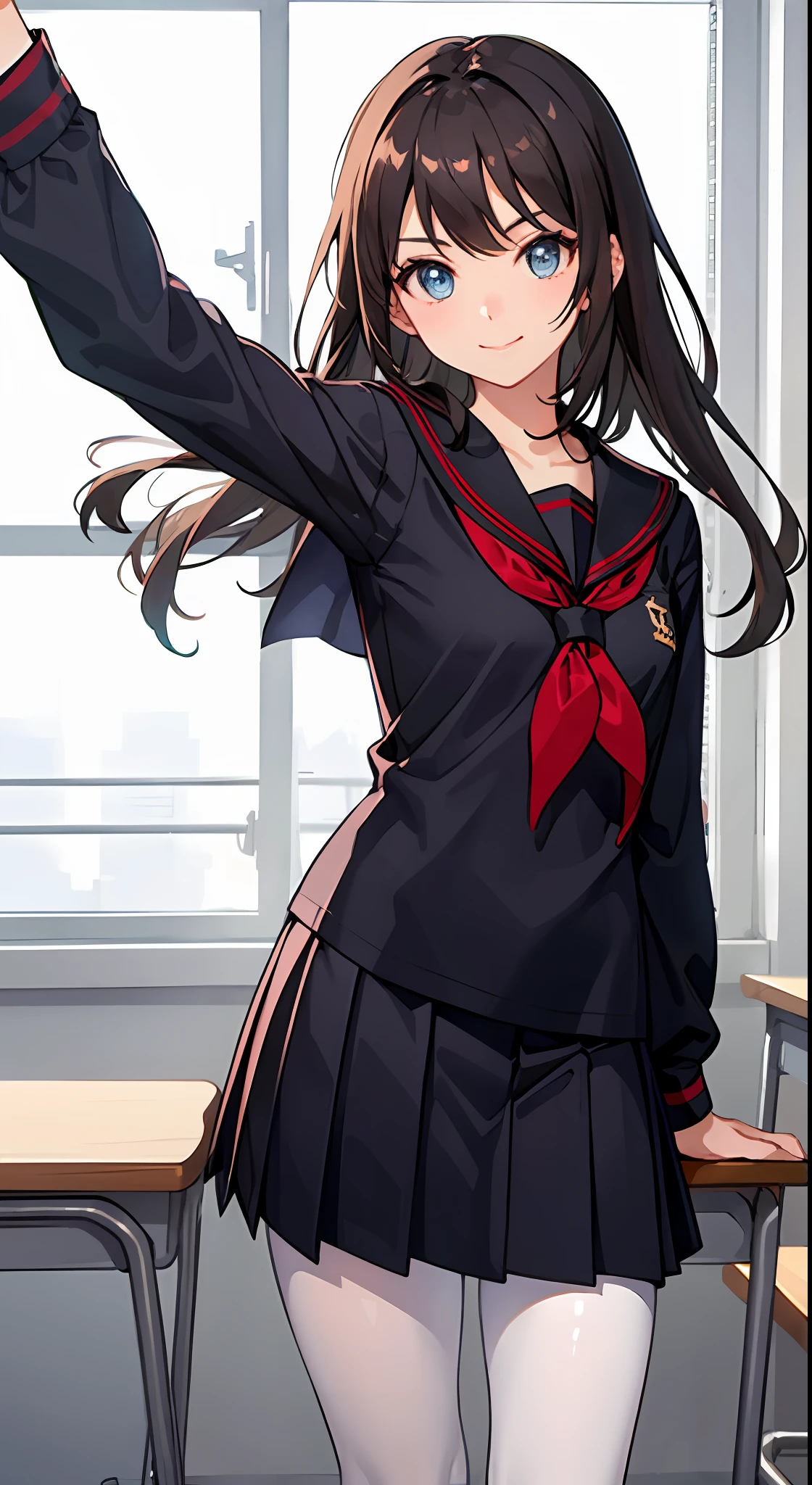 (1girl wearing pantyhose: 1.3), (solo: 1.3), (illustrations: 1.3), (best quality: 1.3), (outline: 1.2), (official concept art: 1.2), (dynamic pose and angle: 1.6), (looking at viewer: 1.4), (4k wallpaper: 1.2), (limited tone: 1.8), (cinematic light: 1.2), (CG: 1.1), (all intricate: 1.2), (flat color: 1.7), (in the classroom: 2.0),
(beautiful detailed eyes: 1.5), tareme,
18 years old, (smile: 1.5),
(black long hair: 1.3), straight hair, floating hair, (red sailor scarf: 1.3),
large breasts,
BREAK school uniform, (white serafuku and long sleeves shirt: 1.3), collarbone, pleated skirt, sailor collar, loafers,