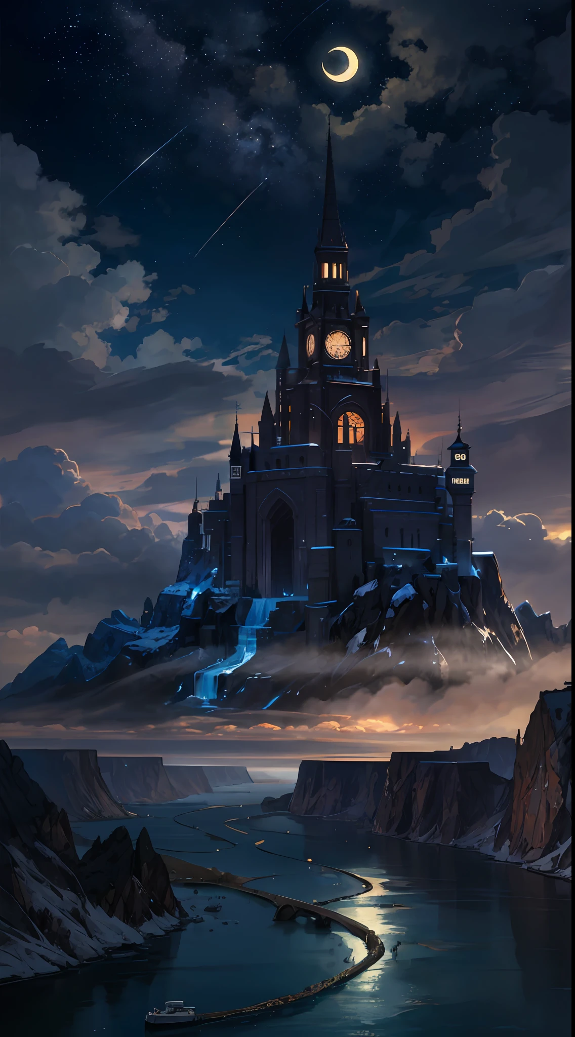 A painting of a river with stars and moon in the sky, concept art inspired by Tosa Mitsuoki, pixiv contest winner, best quality, fantasy art, beautiful anime scene, a bright moon, moonlit starry environment, dream painting, Anime Background Art, Fantasy Landscape Art, Fantasy Night, Anime Background, Background Artwork, Fantastic Art, Atmospheric Anime, Starry Sky, Detail Enhanced.