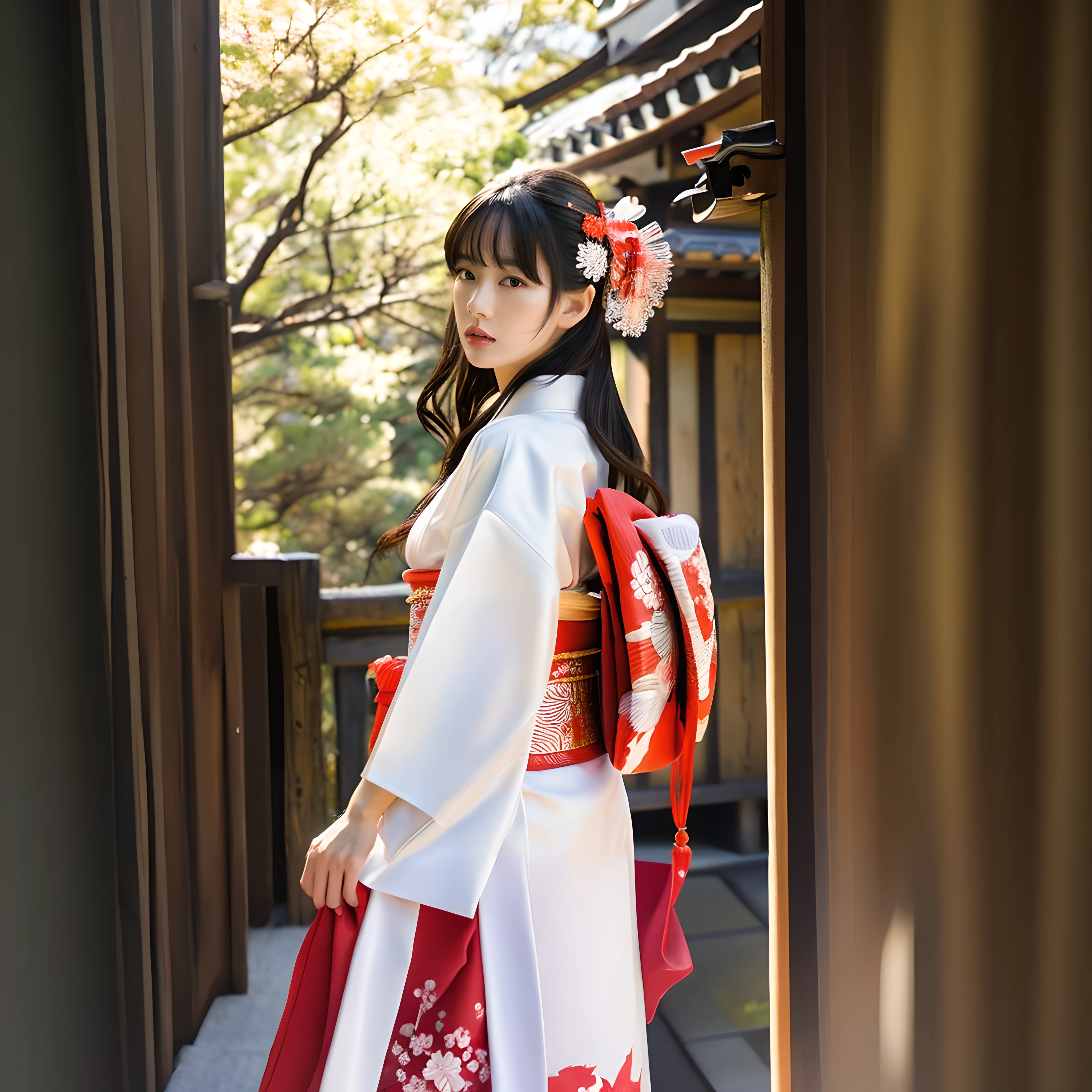 Alafi wearing a kimono with red and white flowers in her hair, in a kimono, japanese kimono, wearing royal kimono, Red kimono, Wearing kimono, traditional japanese, A Japanese style, Wearing a kimono, in a kimono, japanese heritage, Kimono, red kimono with flower patterns, Japanese Models, komono, wearing a haori, goddess of Japan