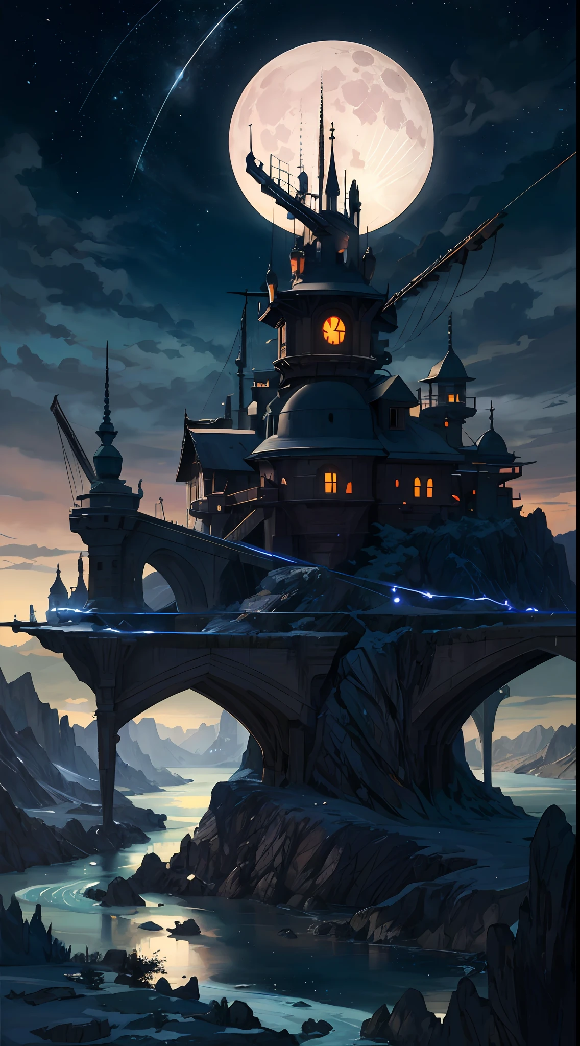 A painting of a river with stars and moon in the sky, concept art inspired by Tosa Mitsuoki, pixiv contest winner, best quality, fantasy art, beautiful anime scene, a bright moon, moonlit starry environment, dream painting, Anime Background Art, Fantasy Landscape Art, Fantasy Night, Anime Background, Background Artwork, Fantastic Art, Atmospheric Anime, Starry Sky, Detail Enhanced.