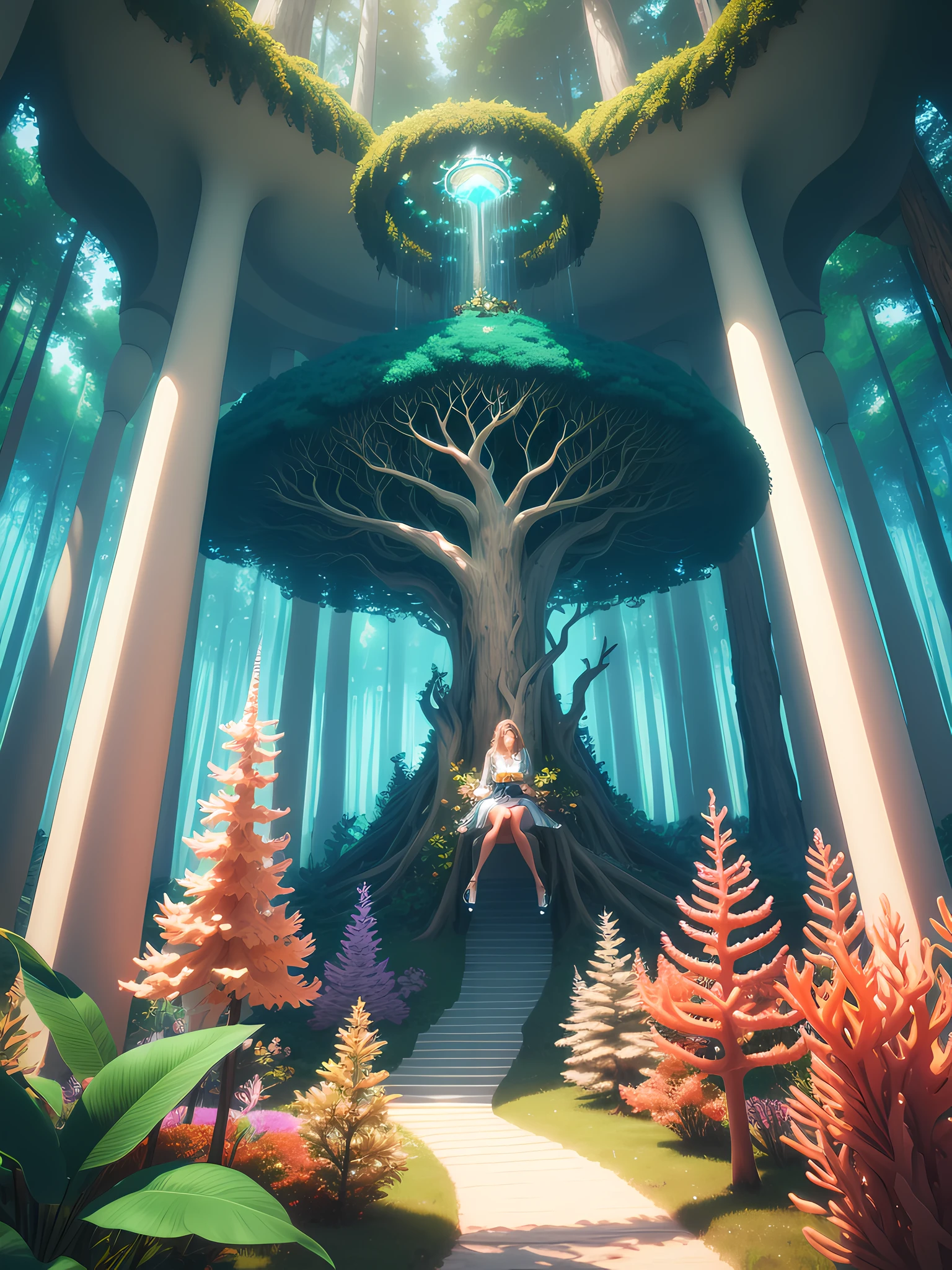 surrealista, Deambulando por el brillante bosque de coral, Fantastic flora and fauna, dreamy atmosphere, estilo 3D realista, Render de la corona, Fascinante escena de vida silvestre, Magical Ecosystem, Encuentros inesperados, Convivencia caprichosa, Artistic and surrealist representation, (Mejor Arte)