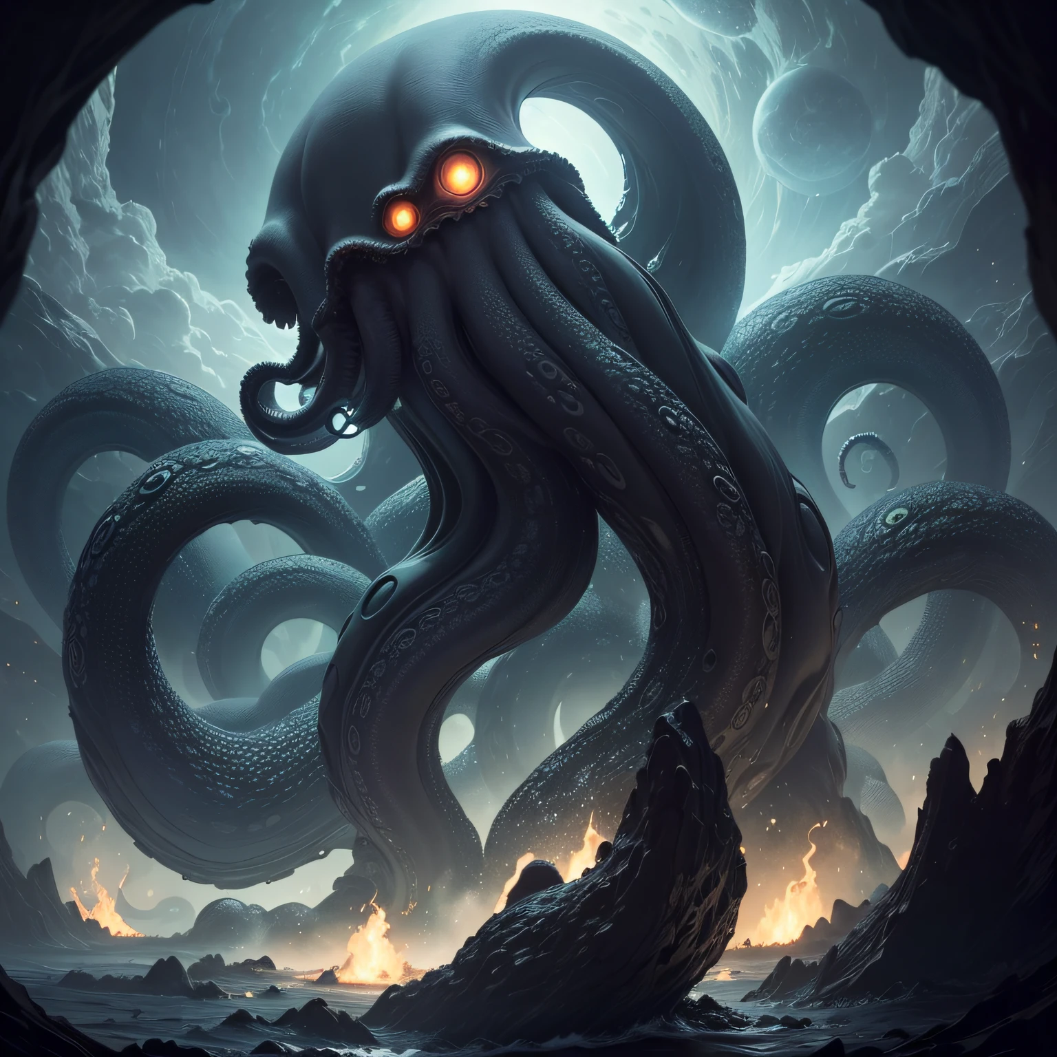 The giant tentacles of the Cthulhu Mythos run across the planet,Tentacles matte dark,The tentacles are rich in detail,Tentacles with many eyes,Touch hands to exaggerate,To see the dim cosmic background,In the distance floats a dull and fragmented planet,The picture is dark overall,repression,be desperate,contortion, --auto
