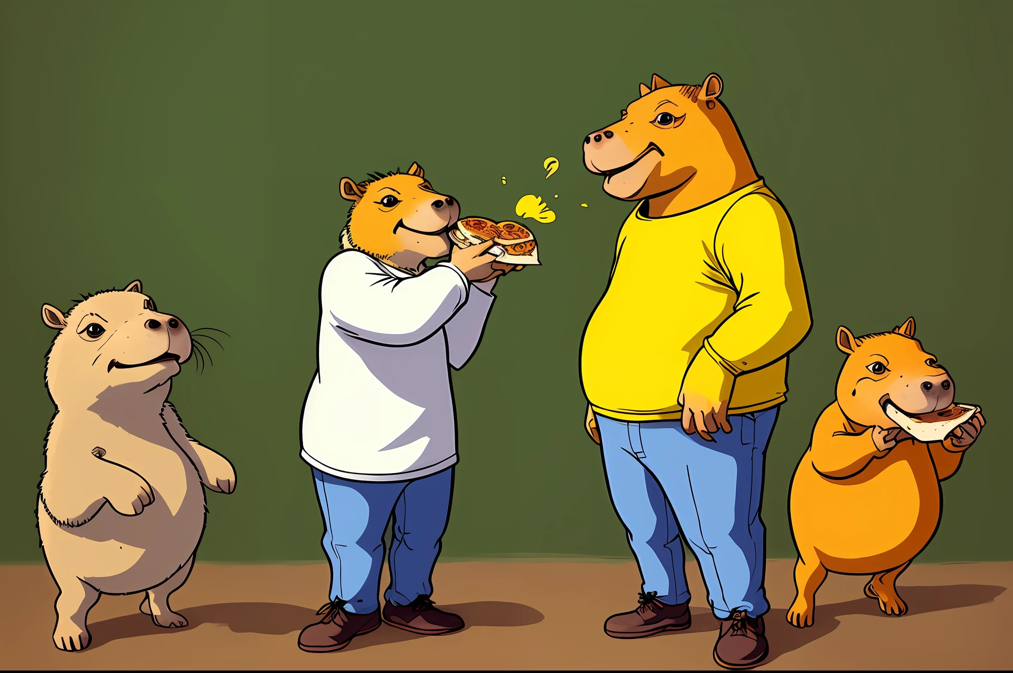 um , Desenho animado dos anos 1990, anthropomorphic hero capybara s, inspirado em Michaelangelo, tartaruga ninja comendo pizza, tartarugas de batalha, capivaras, 8 0 s Cartoon Low Quality 60's Hand Drawn Cartoon