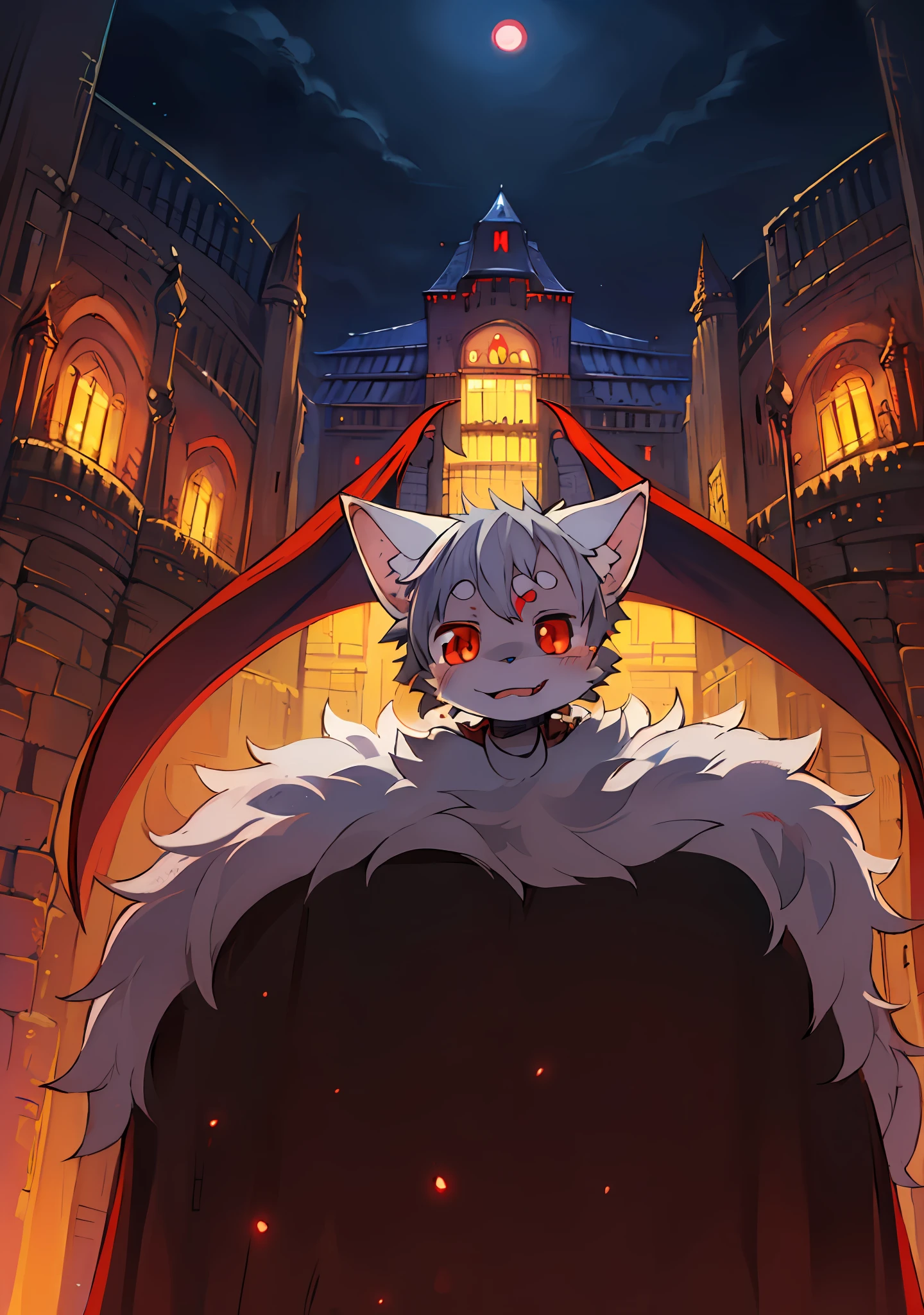 (dark environment:0.8),masterpiece, high quality, absurd res, digital painting \(artwork\), by dagasi, yupa,kiyosan,(anthro,fluffy fur,character focus:1.1),anthro male cat,short hair,portrait, bright eyes,panorama,character focus.(detailed background:0.7),solo,furry,furry male ,male focus,anthr,(Full body fur, fluffy tail, white fur,red eyes,gray hair:1.2),(long canines,vampire, cape:1.2),(interior,night, castle, coffin:1.1)