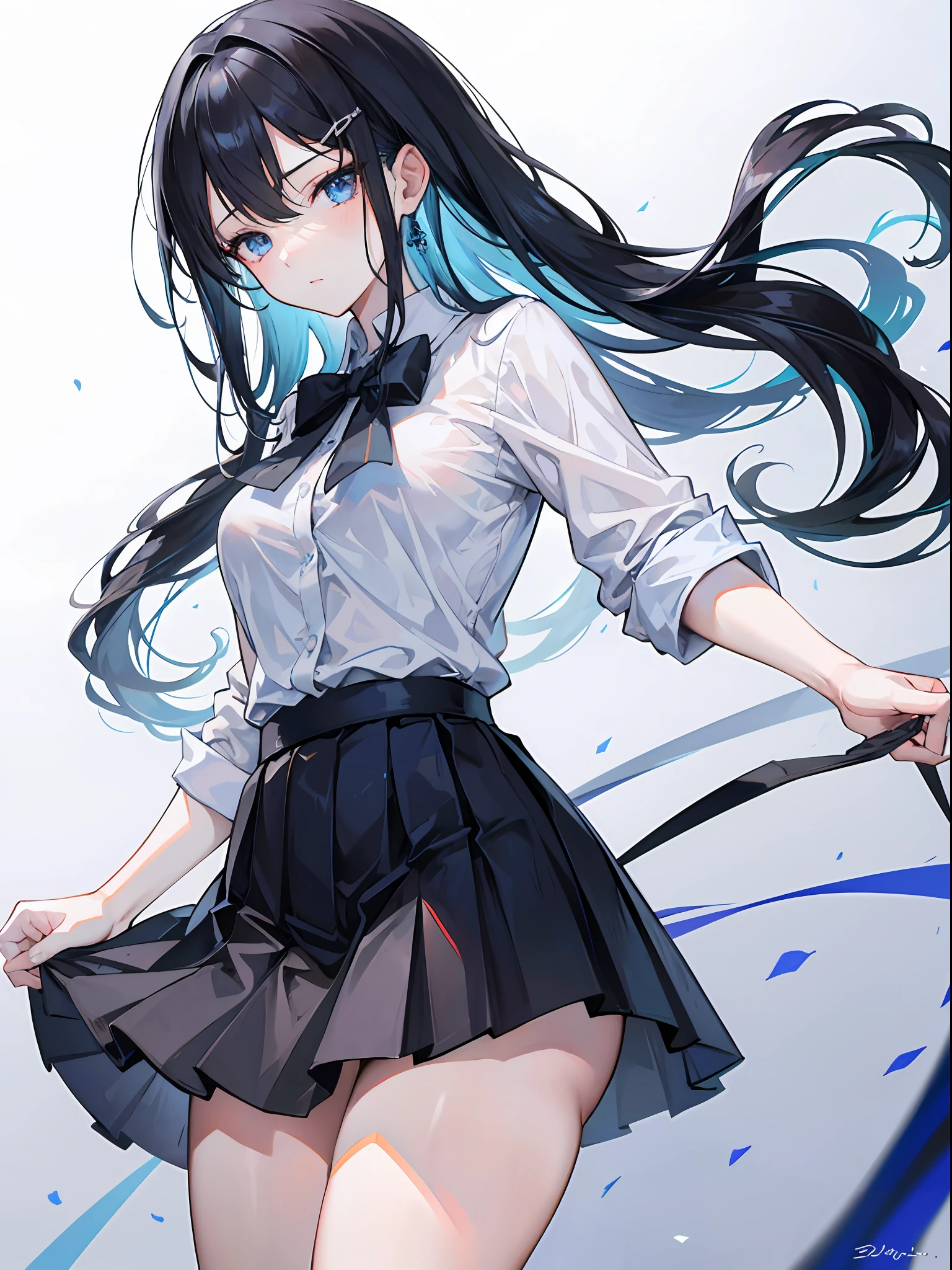 8K, Attractive, intensely detailed, 20 Year Old Girl, sexy and attractive woman with dark, black hair. She has beautiful sky-blue eyes with a heart inside. She is dressed in white, short and unbuttoned shirt. She is wearing a blue miniskirt. Her skirt is lifted up, and from under the skirt we see sexy, black lace panties with bow.