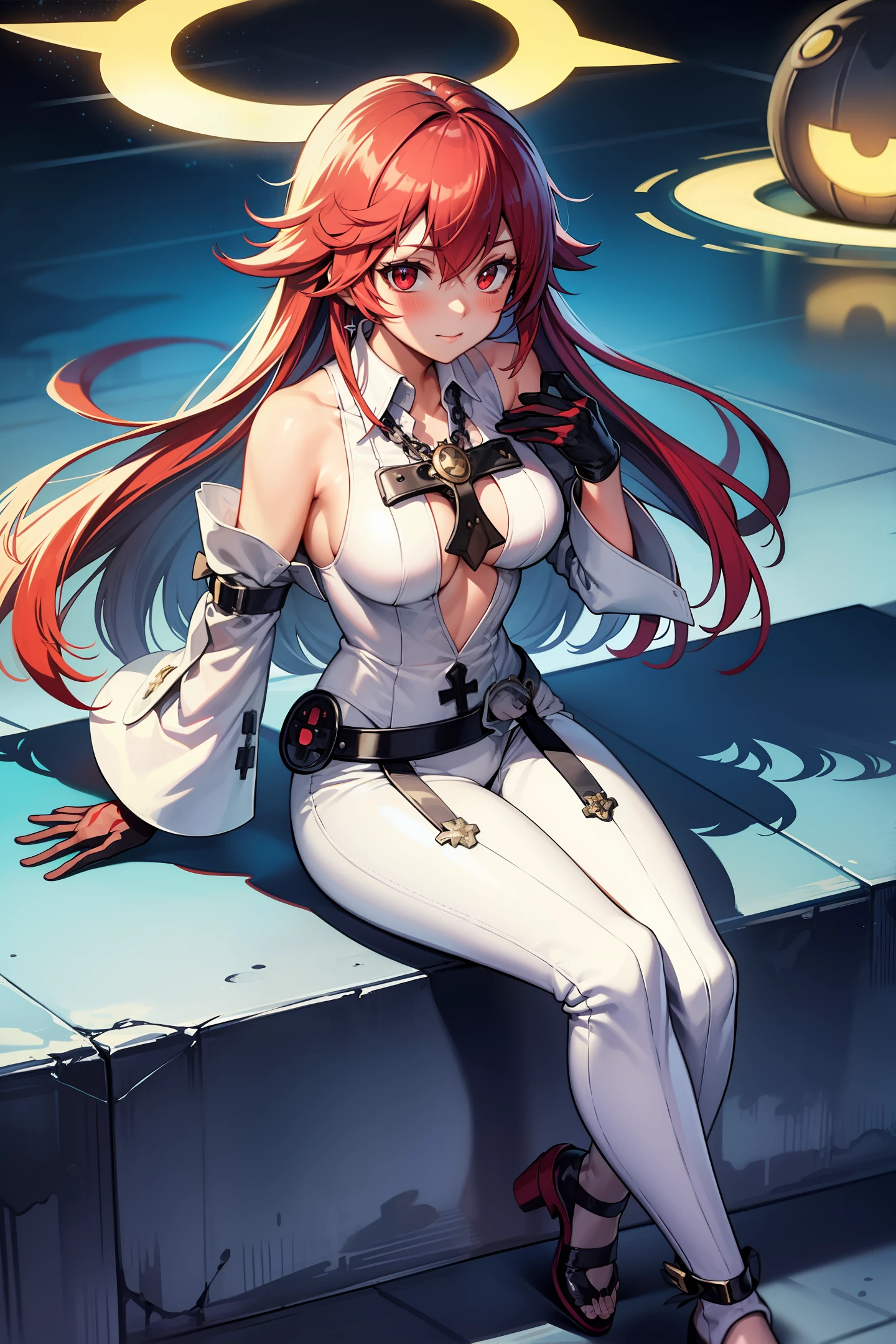 ocean,sky,looking_at_viewers,devil,nun,chemise,garter straps,best quality,black ribbon,mature female,rainy days,cute face,illustration,shirt lift,blush,cross necklace,hand on own chest,red eyes,bare shoulders,red hair,beautiful detailed starry sky,medium_breasts,ankle_lace-up,very_close_to_viewers