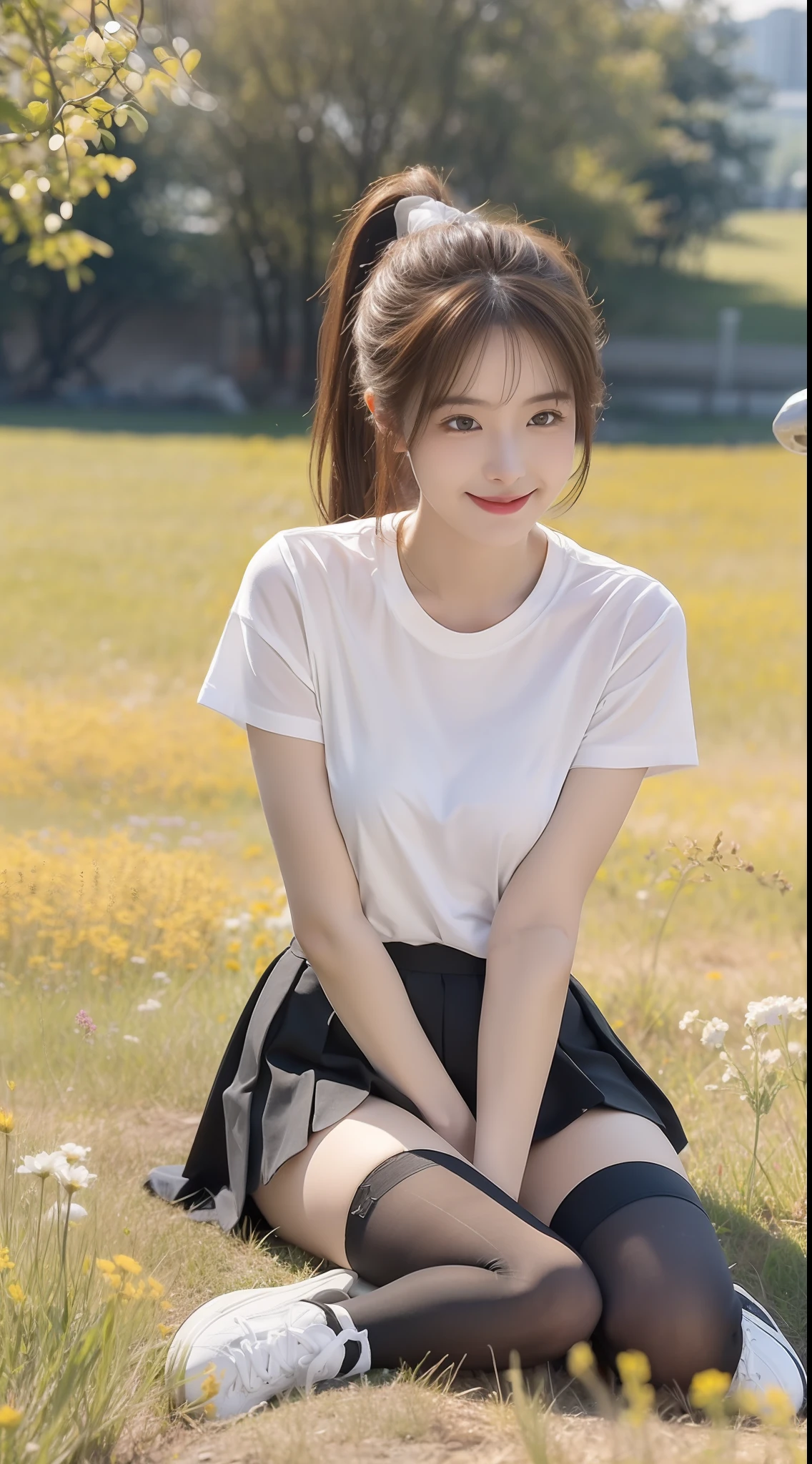 (true to life,Photorealistic 1.5),((best qualtiy, 8K, tmasterpiece:1.3)), (二重まぶた,largeeyes:1.3),(smile1.5),(Full body photo 1.5)(One person 1.5)Clear focus 1.2, Perfect body beauty:1.4 , Delicate skin1.1,(Long brown hair 1.5),(Delicate facial features1.4),(Pure desire 1.3)(Black over-the-knee stockings 1.5)(double-ponytail,1.5),Cute white t-shirt,a black pleated skirt,Slender legs,athletic sneakers,On a meadow full of flowers