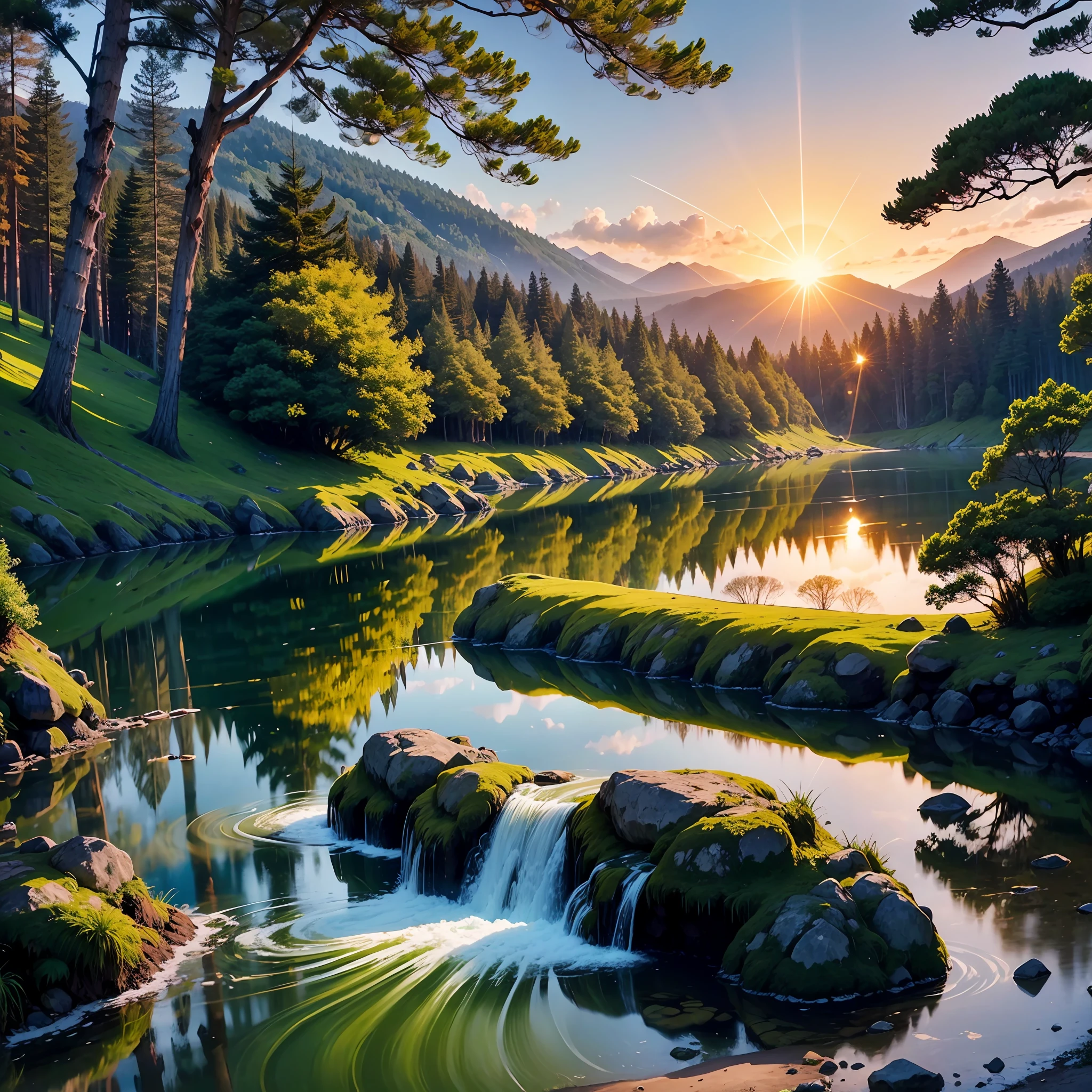 belas paisagens, cores vibrantes, peaceful, natureza, rios, Running water, calmaria, gramado perfeito, Realstic, without the presence of people, Docile animals, sun sunset, luzes radiantes, verde natural --auto