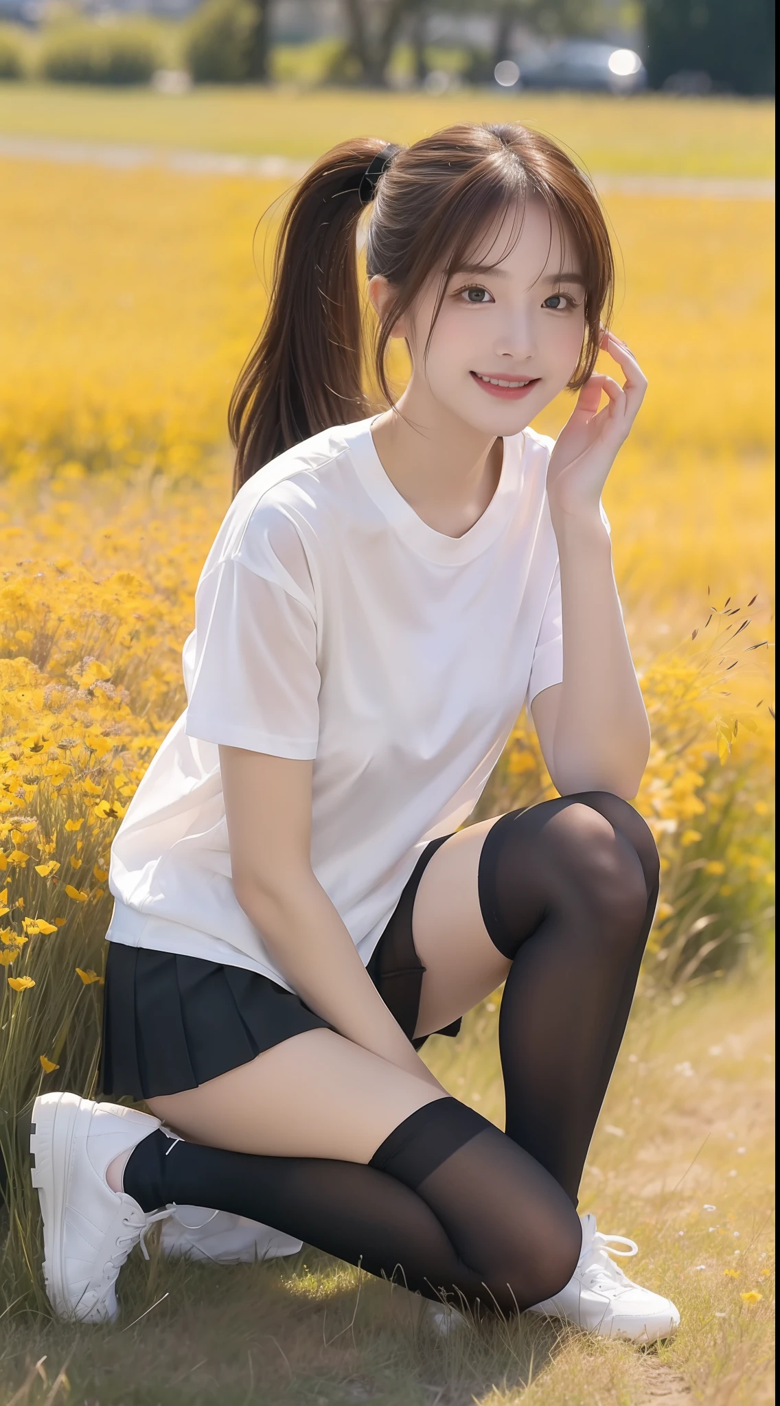 (true to life,Photorealistic 1.5),((best qualtiy, 8K, tmasterpiece:1.3)), (二重まぶた,largeeyes:1.3),(smile1.5),(Full body photo 1.5)(One person 1.5)Clear focus 1.2, Perfect body beauty:1.4 , Delicate skin1.1,(Long brown hair 1.5),(Delicate facial features1.4),(Pure desire 1.3)(Black over-the-knee stockings 1.5)(double-ponytail,1.5),Cute white t-shirt,a black pleated skirt,Slender legs,athletic sneakers,On a meadow full of flowers