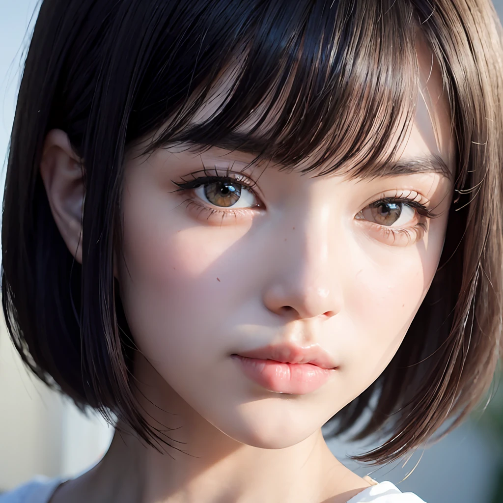 there is a woman with a short hair and a white shirt, the face of a beautiful Japanese girl, cute natural anime face, With short hair, girl cute-fine-face, Stunning anime face portrait, close up of a young anime girl, japanese facial features, soft portrait shot 8 k, detailed face of a asian girl, short brown hair and large eyes