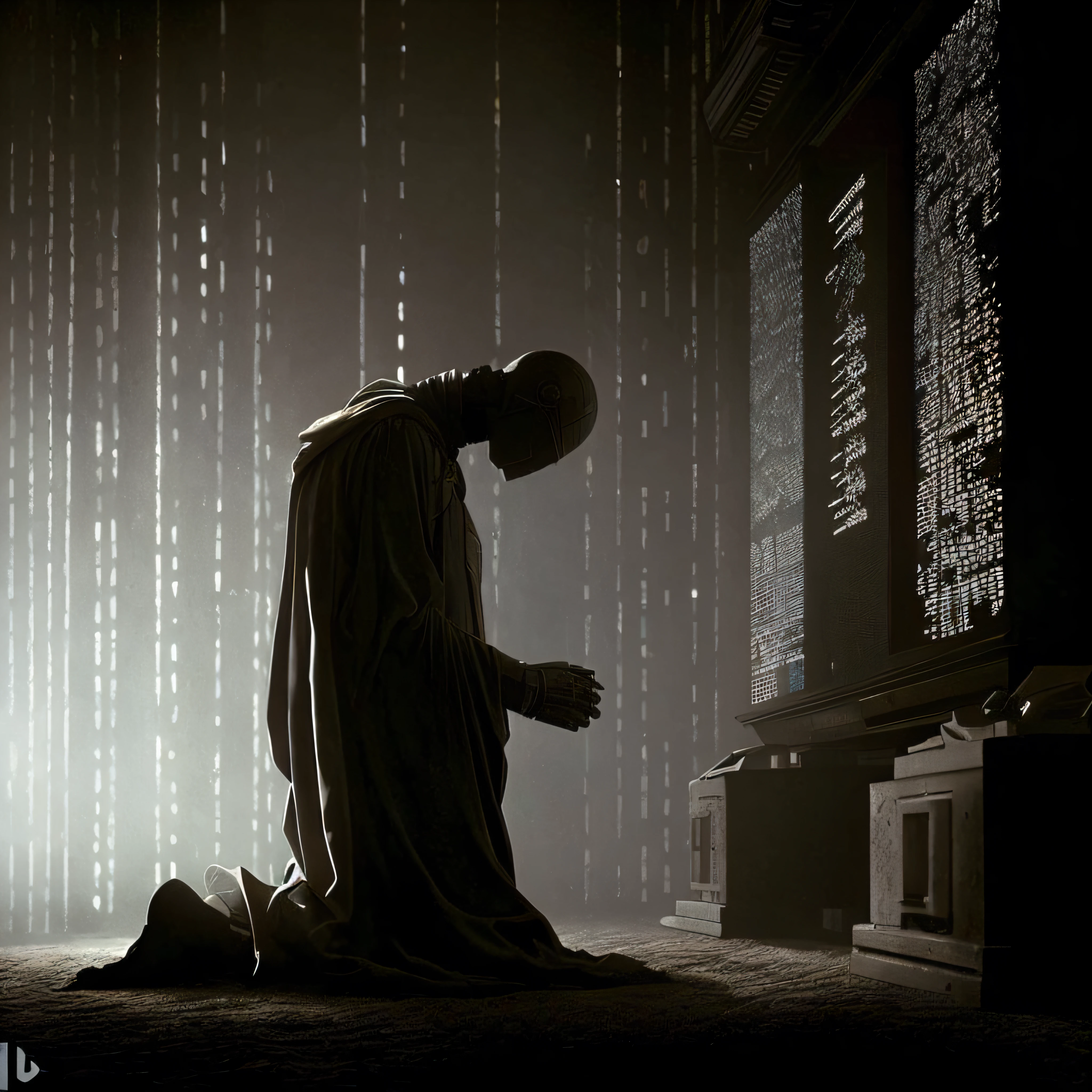 robot praying in front of a screen with many numbers, dramatic sci-fi movie still, arte conceitual escura fotorrealista, filme ainda de sin city, Dan Mumford. octan render, Directed by: Zack Snyder, cinematic digital art, Ainda de um filme de Ridley Scott, 3D render e pintura fosca, James Gurney Cinematic Lighting, Zack Snyder Cinematografia Estilo