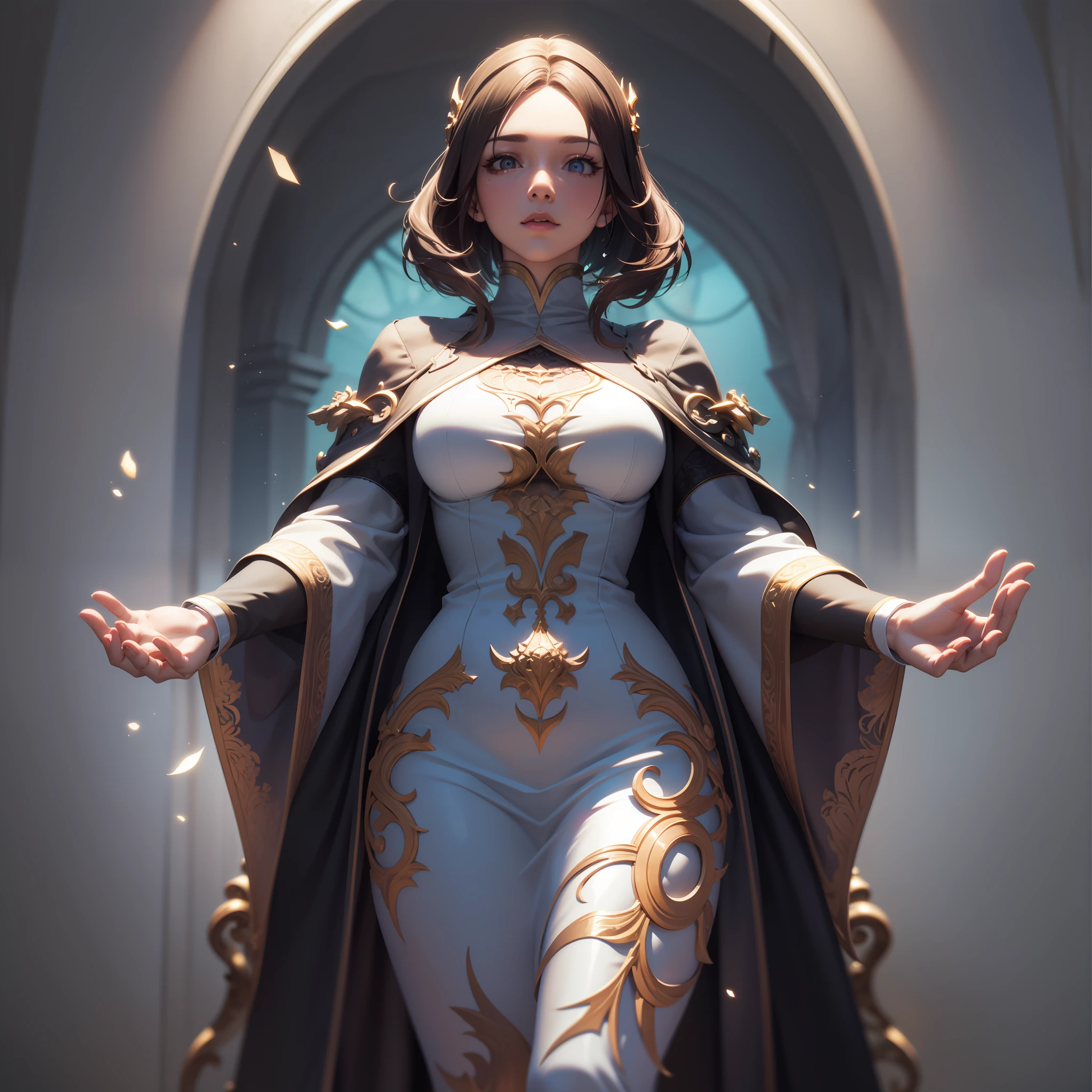 impeccable masterpiece, a elegant mature old woman in modest clothes standing, demure, full body standing posture, detailed face details, long sleeved shirt, long full length jacket, long dress, hand holding magical wand, hand holding book, a woman in elegant clothes casting a spell , sorceress, goddess of wisdom, detailed realistic art, tall body, mature body, detailed beautiful face, detailed shiny eyes, detailed skin, Detailed,Realistic,4k highly detailed digital art,octane render, bioluminescent, BREAK 8K resolution concept art, realism,by Mappa studios,masterpiece,best quality,official art,illustration,ligne claire,(cool_color), 3D, voluminous hair, short brown hair, elegant lady, HDR (High Dynamic Range),Ray Tracing,NVIDIA RTX,Super-Resolution,Unreal 5,Subsurface scattering,PBR Texturing,Post-processing,Anisotropic Filtering,Depth-of-field,Maximum clarity and sharpness,Multi-layered textures,Albedo and Specular maps,Surface shading,Accurate simulation of light-material interaction,Perfect proportions,Octane Render,Two-tone lighting,Wide aperture,Low ISO,White balance,Rule of thirds,8K RAW