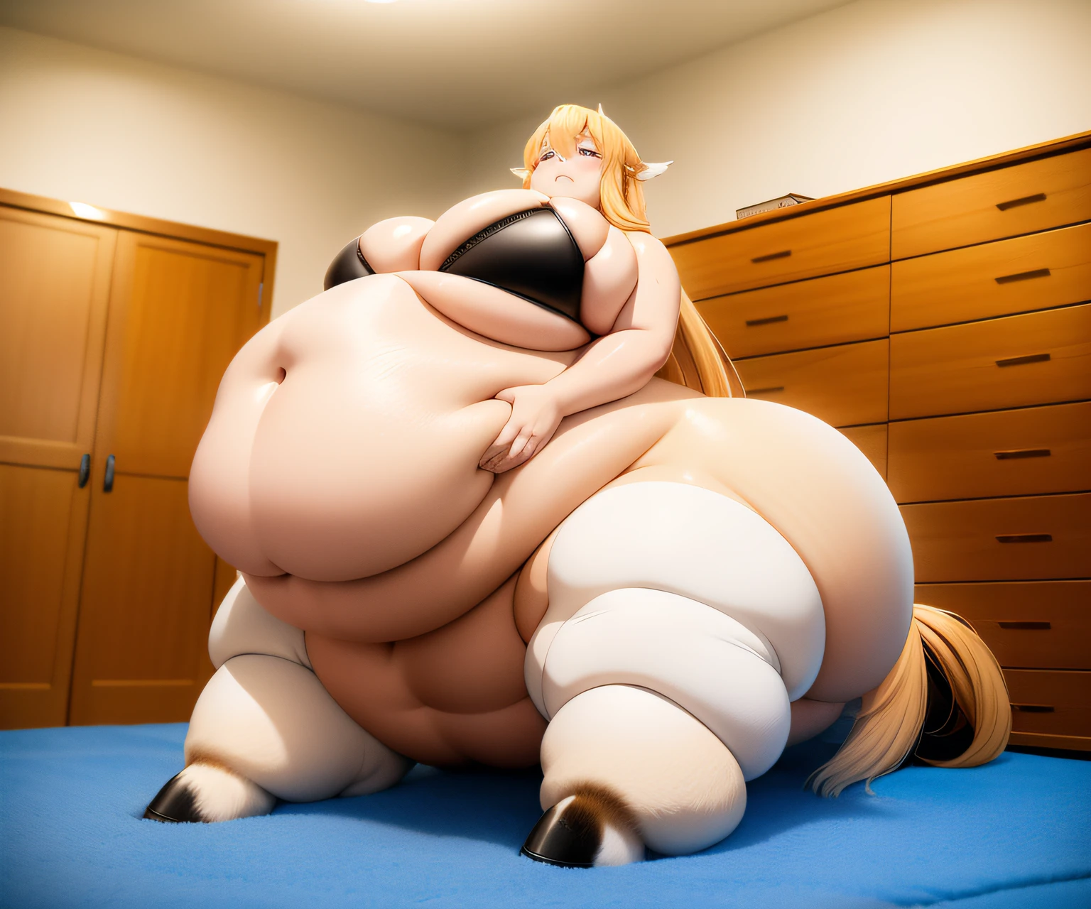 Centorea from monster musume is a caricature of a centaur, horse, POV arte monster musume, El tiene un vientre redondo y gordo y tembloroso, cute art, commission for high resolution, Primer plano de cuerpo completo, obeso, fanart detallado, she is really lazy, she is wearing a big bra, chubby monster, SFW Lighting, Thicc, sfw version, hiperdetallado!!