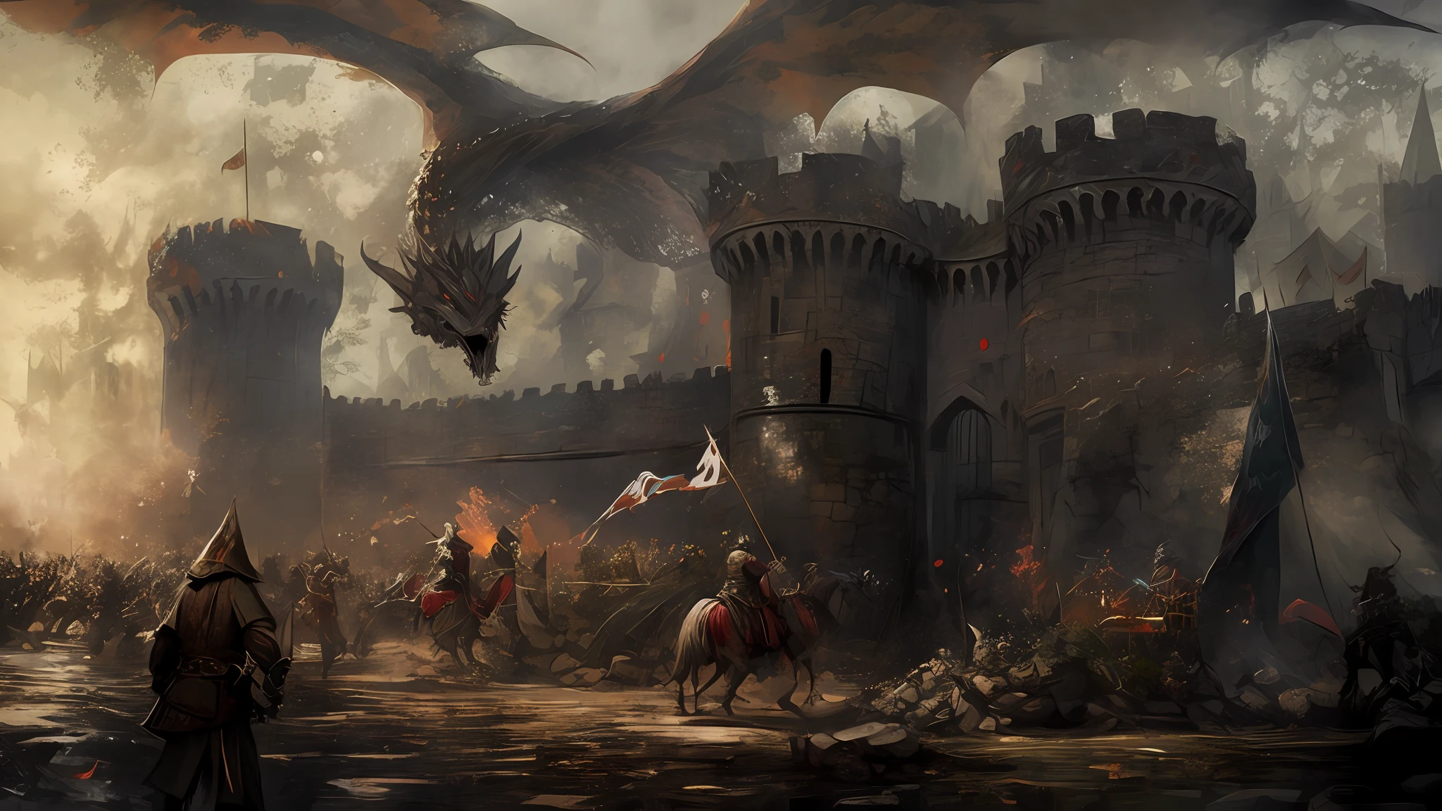 There is a painting of a dragon flying over the castle, author:Darek Zabroki, author:Roman Bezpalkiv, battle with dragon, author:Tomasz Jedruszek, kingslanding, medieval fantasy battle, author:Adam Maczynski, medieval fantasy game art, author:Marcin Zaleski, Medieval fantasy art, Medieval Concept Art Use these elements to create stunning wallpaper with red and blue backgrounds --auto