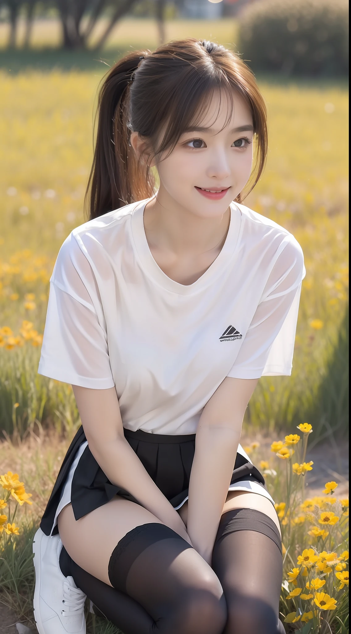 (true to life,Photorealistic 1.5),((best qualtiy, 8K, tmasterpiece:1.3)), (二重まぶた,largeeyes:1.3),(smile1.5),(Full body photo 1.5)(One person 1.5)Clear focus 1.2, Perfect body beauty:1.4 , Delicate skin1.1,(Long brown hair 1.5),(Delicate facial features1.4),(Pure desire 1.3)(Black over-the-knee stockings 1.5)(double-ponytail,1.5),Cute white t-shirt,a black pleated skirt,Slender legs,athletic sneakers,On a meadow full of flowers