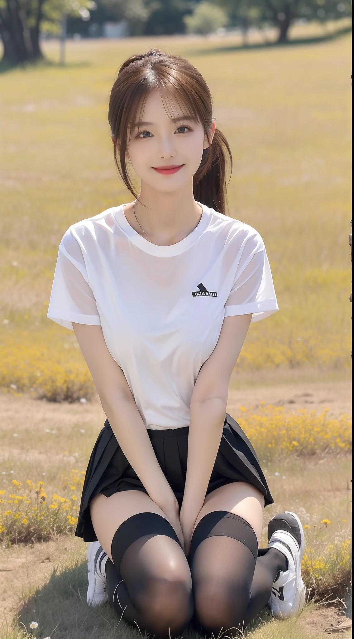 （true to life，Photorealistic 1.5）,((best qualtiy, 8K, tmasterpiece:1.3)), (二重まぶた，largeeyes:1.3),（smile1.5），（Full body photo 1.5）（One person 1.5）Clear focus 1.2, Perfect body beauty:1.4 , Delicate skin1.1，（Long brown hair 1.5），（Delicate facial features1.4），（Pure desire 1.3）(Black over-the-knee stockings 1.5)（double-ponytail，1.5），Cute white t-shirt，a black pleated skirt，Slender legs，athletic sneakers，On a meadow full of flowers