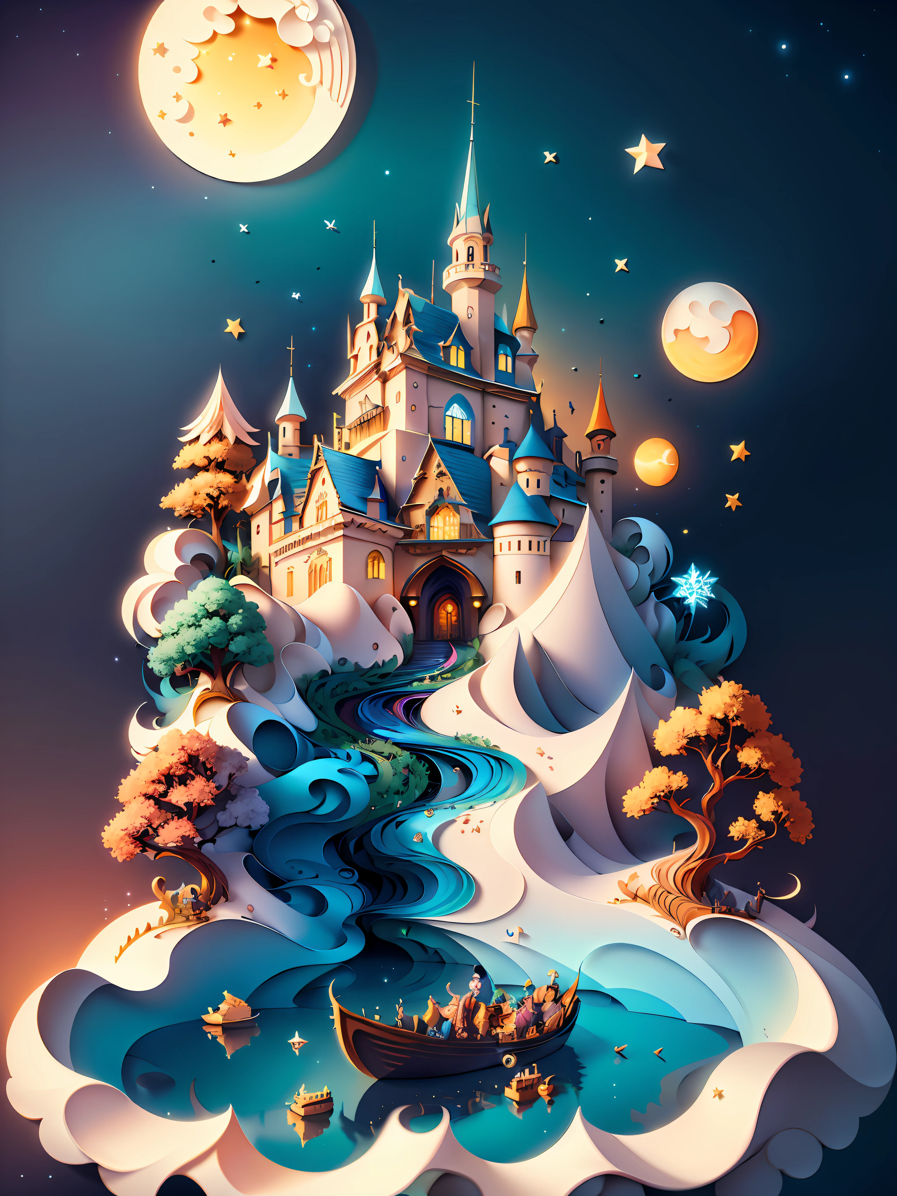 (((masterpiece))),best quality, illustration, sky, cloud, water, star \(symbol\), tree, no humans, night, bird, moon, building, star \(sky\), night sky, scenery, starry sky, watercraft, castle, ship, waves, tower, boat. vibrant color scheme, Soft light,(warm color:1.2),Water color painting, light background, best quality exquisite details,3d rendering,Octane render, pastel, paper_cut