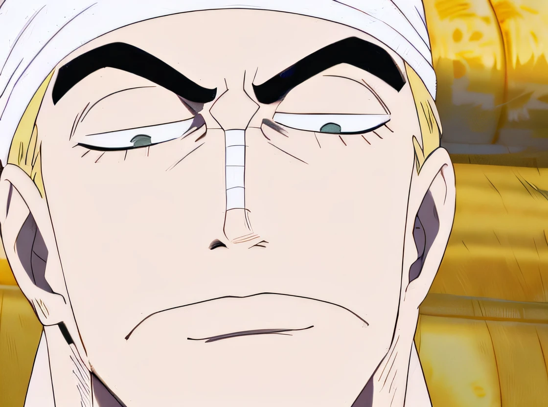 A closeup of a man with a bandage on his head, Roronoa Zoro, from one piece, Scowling, cara de anime perfeita, Estilo Eiichiro Oda, Nicholas Cage como Macaco D Luffy, sorriso roguish, serious face, olhar em branco, face severa, inspirado em Eiichiro Oda, Sanji, olhar severo, Sharp face, brilho intimidador --auto