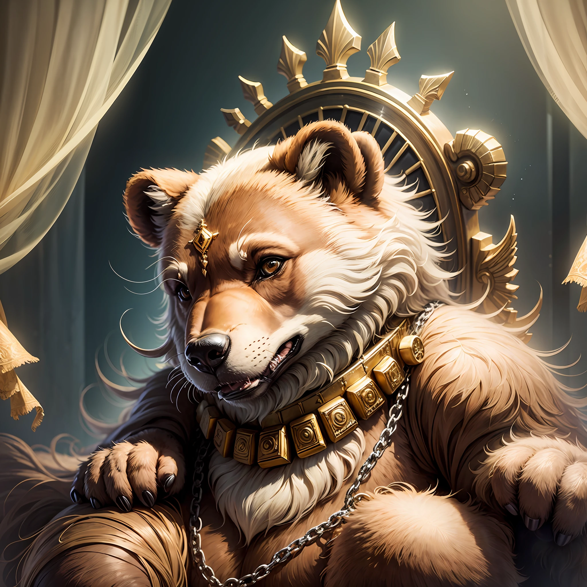 Um urso dentro de um castelo sentado num trono dourado, coroa dourada, 8k, detalhado --auto