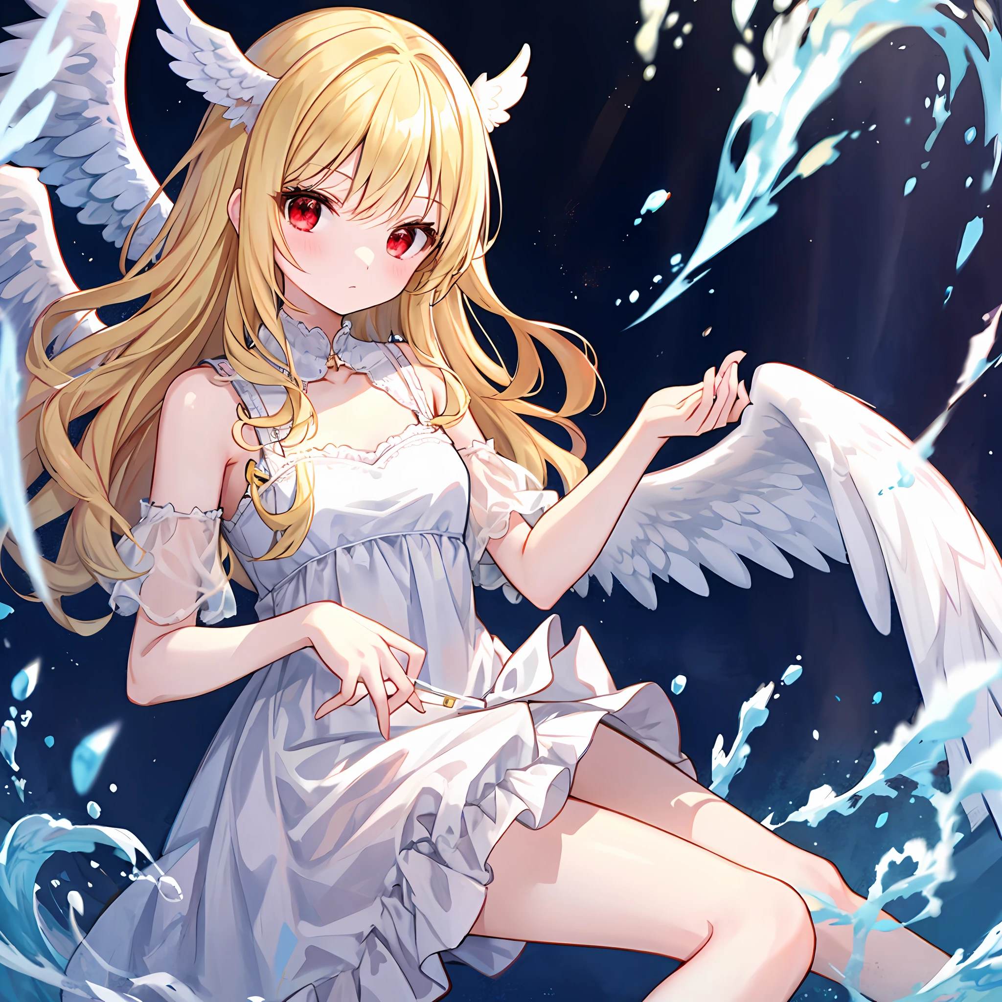 Wavy blonde girl、独奏、red eyes、White dress、Angel wings