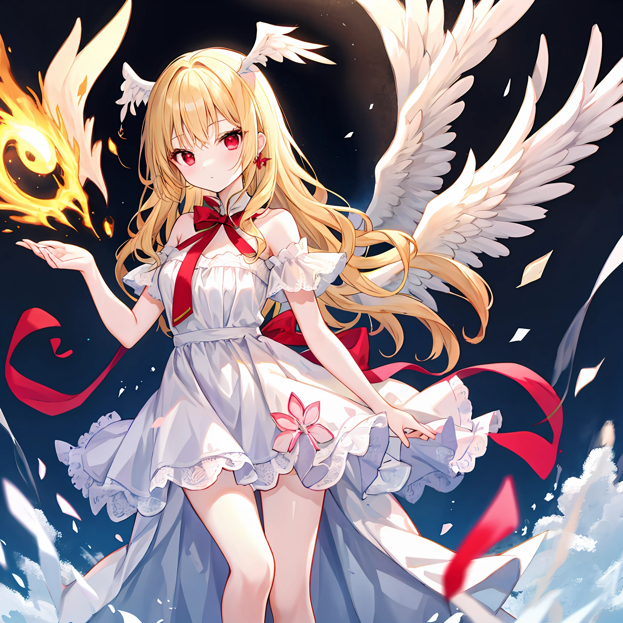 Wavy blonde girl、独奏、red eyes、White Dress、Angel wings
