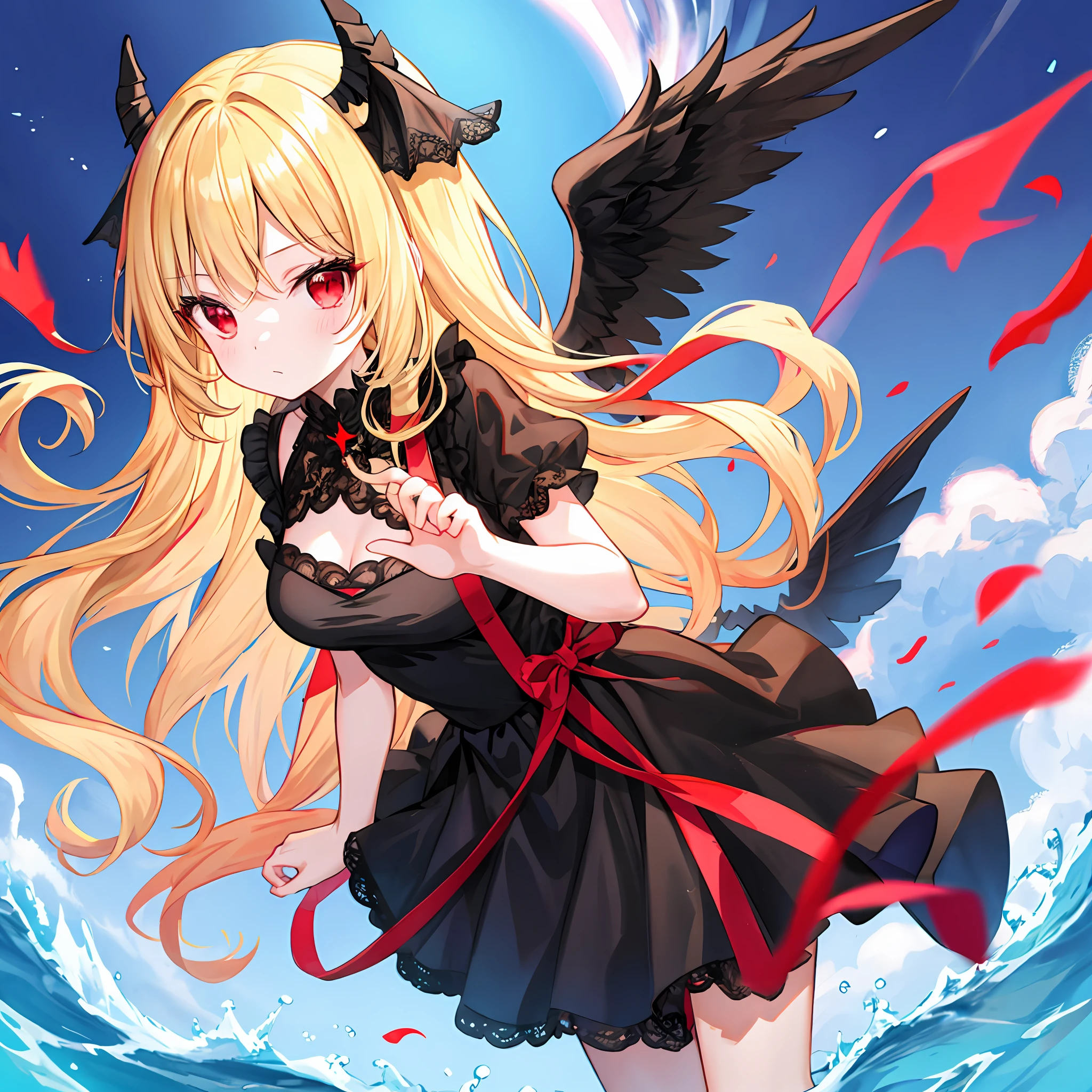 Wavy blonde girl、独奏、red eyes、Black dress、Black Angel Wings