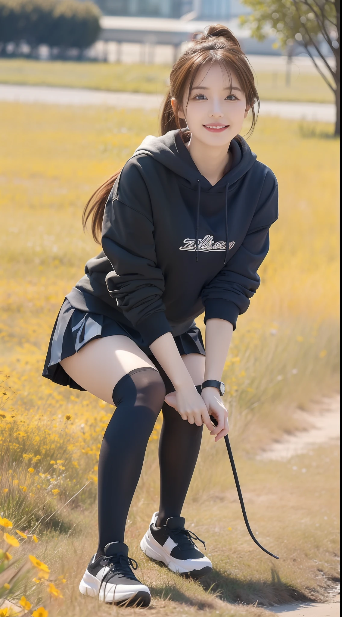 (true to life,Photorealistic 1.5),((best qualtiy, 8K, tmasterpiece:1.3)), (二重まぶた,largeeyes:1.3),(smile1.5),(Full body photo 1.5)(One person 1.5)Clear focus 1.2, Perfect body beauty:1.4 , Delicate skin1.1,(Long brown hair 1.5),(Delicate facial features1.4),(Pure desire 1.3)(Black over-the-knee stockings 1.5)(double-ponytail,1.5),Gray hooded sweatshirt,a black pleated skirt,Slender legs,athletic sneakers,On a meadow full of flowers