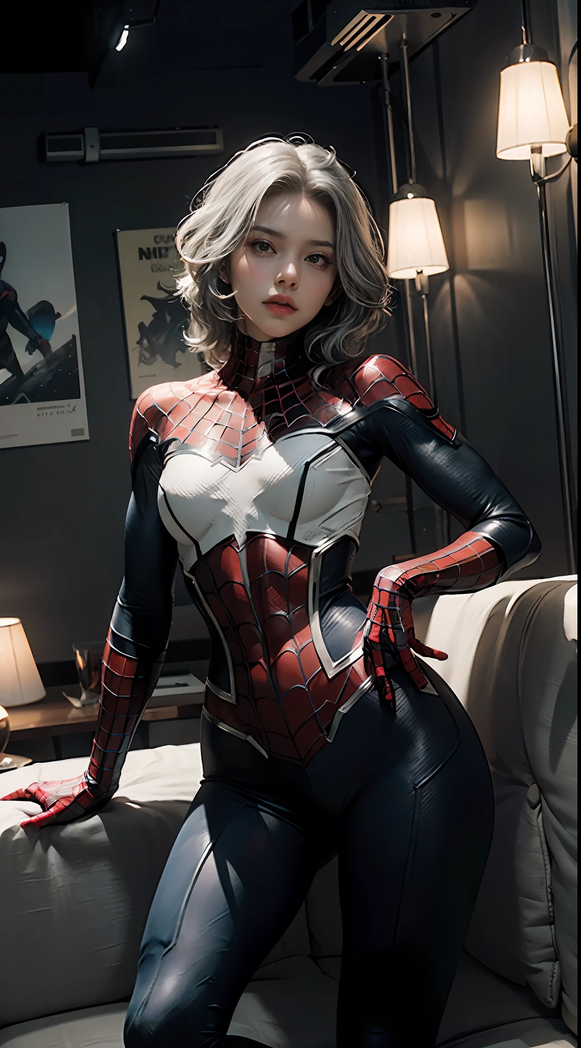 (Extreme Detail CG Unity 8K wallpaper, masterpiece, highest quality), (Exquisite lighting and shadow, highly dramatic picture, Cinematic lens effect), a girl in a white Spider-Man costume, silver gray hair color, from the Spider-Man parallel universe, Wenger, Marvel, Spider-Man, sitting on the couch, dynamic pose), (excellent detail, excellent lighting, wide angle), (excellent rendering, enough to stand out in its class), focus on white Spider-Man costumes, complex spider textures