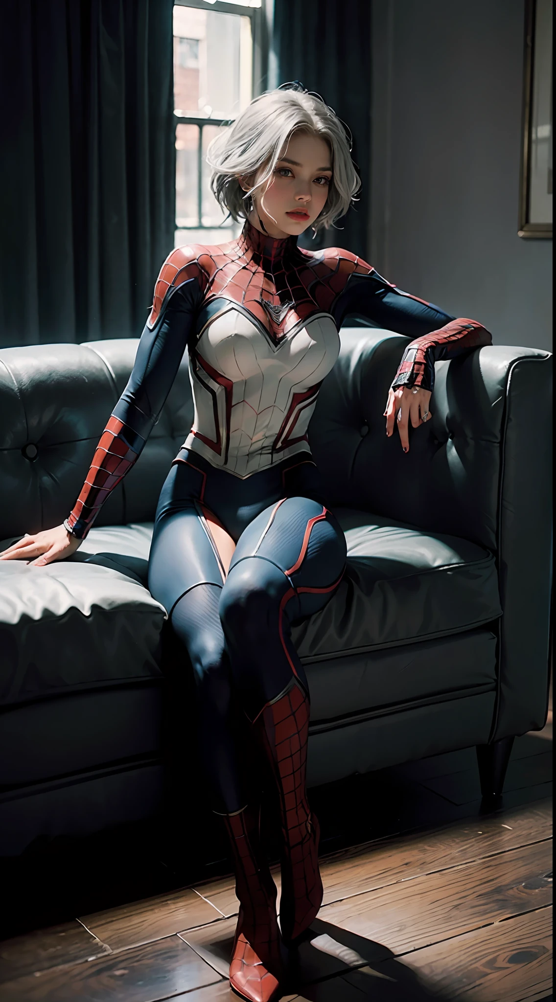 (Extreme Detail CG Unity 8K wallpaper, masterpiece, highest quality), (Exquisite lighting and shadow, highly dramatic picture, Cinematic lens effect), a girl in a white Spider-Man costume, silver gray hair color, from the Spider-Man parallel universe, Wenger, Marvel, Spider-Man, sitting on the couch, dynamic pose), (excellent detail, excellent lighting, wide angle), (excellent rendering, enough to stand out in its class), focus on white Spider-Man costumes, complex spider textures
