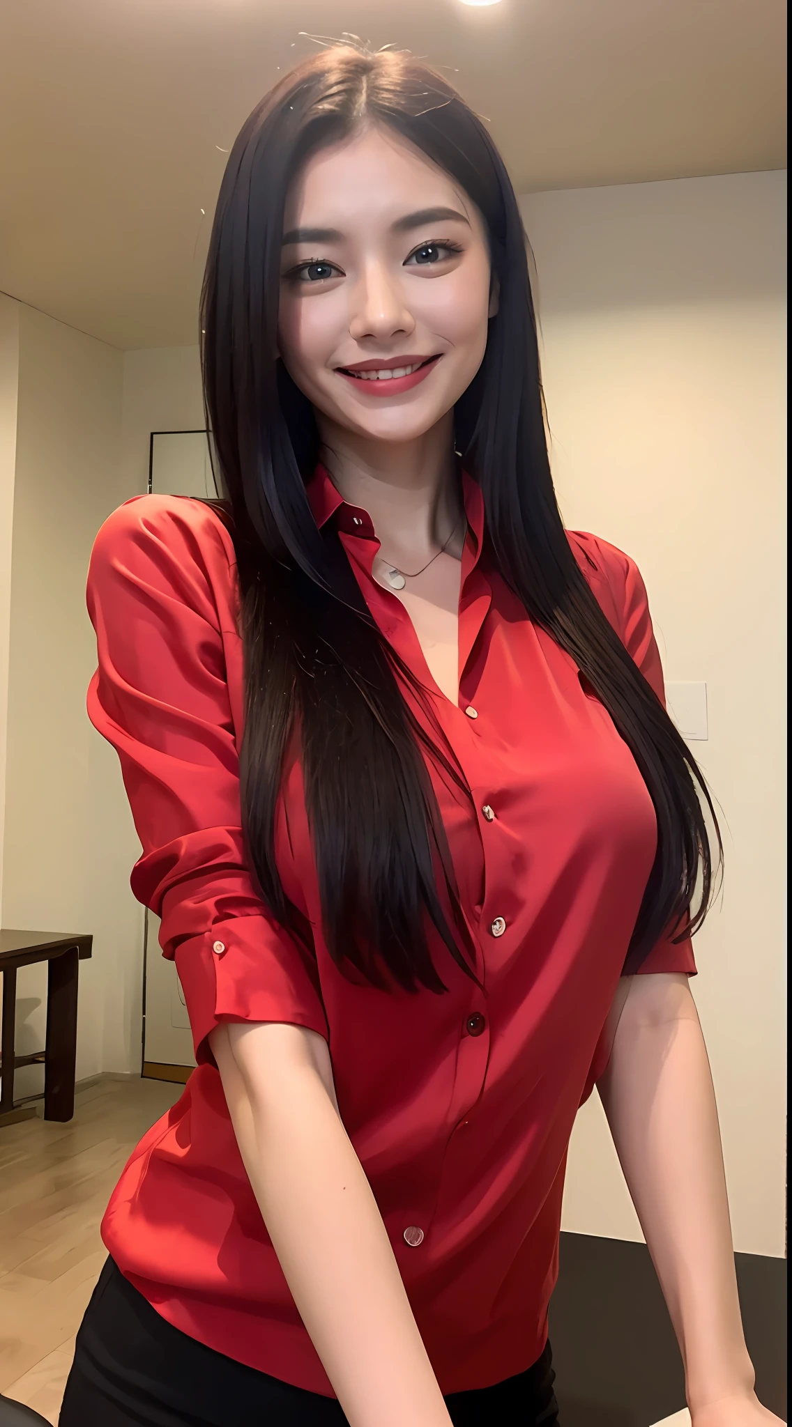 ((Best Quality, 8K, Masterpiece: 1.3)), open red silk shirt, massive gigantic saggiest longest breasts, skinny, smiling, leaning forward, long black straight hair, blue eyes