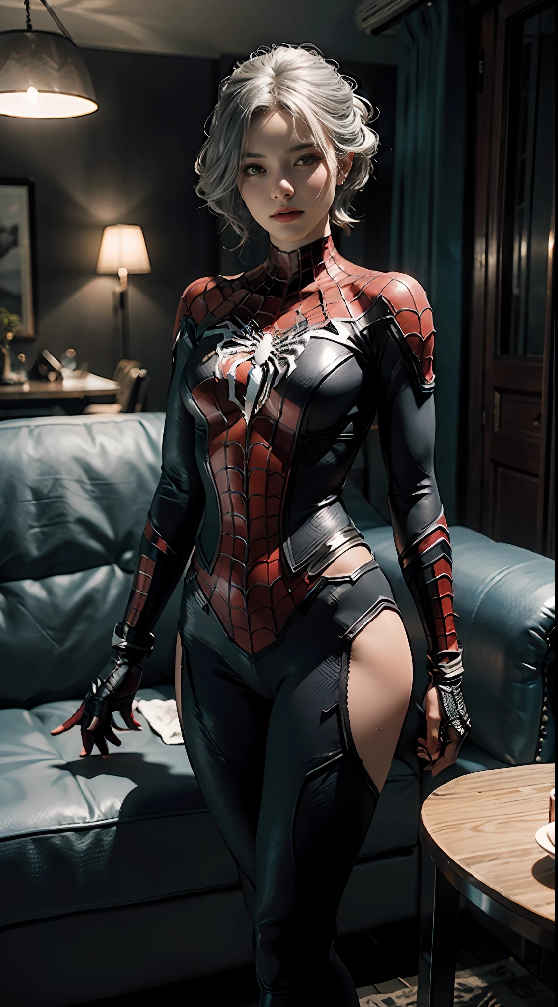 (Extreme Detail CG Unity 8K wallpaper, masterpiece, highest quality), (Exquisite lighting and shadow, highly dramatic picture, Cinematic lens effect), a girl in a white Spider-Man costume, silver gray hair color, from the Spider-Man parallel universe, Wenger, Marvel, Spider-Man, sitting on the couch, dynamic pose), (excellent detail, excellent lighting, wide angle), (excellent rendering, enough to stand out in its class), focus on white Spider-Man costumes, complex spider textures