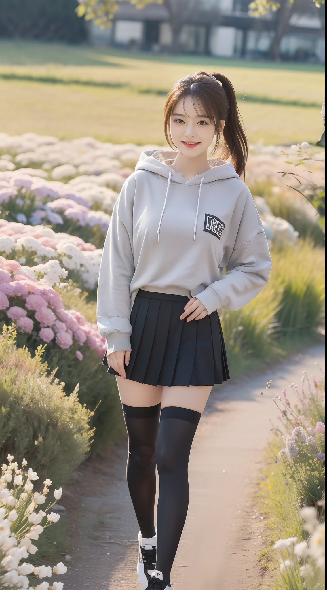 (true to life,Photorealistic 1.5),((best qualtiy, 8K, tmasterpiece:1.3)), (二重まぶた,largeeyes:1.3),(smile1.5),(Full body photo 1.5)(One person 1.5)Clear focus 1.2, Perfect body beauty:1.4 , Delicate skin1.1,(Long brown hair 1.5),(Delicate facial features1.4),(Pure desire 1.3)(Black over-the-knee stockings 1.5)(double-ponytail,1.5),Gray hooded sweatshirt,a black pleated skirt,Slender legs,athletic sneakers,On a meadow full of flowers