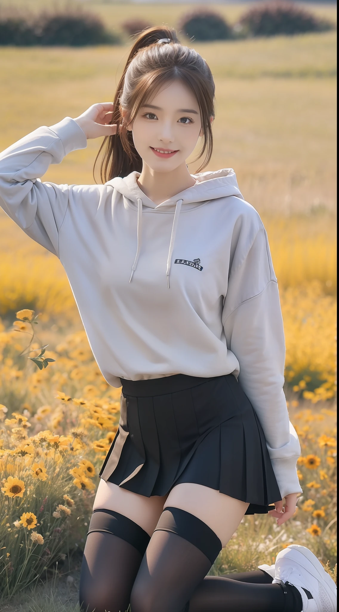 (true to life,Photorealistic 1.5),((best qualtiy, 8K, tmasterpiece:1.3)), (二重まぶた,largeeyes:1.3),(smile1.5),(Full body photo 1.5)(One person 1.5)Clear focus 1.2, Perfect body beauty:1.4 , Delicate skin1.1,(Long brown hair 1.5),(Delicate facial features1.4),(Pure desire 1.3)(Black over-the-knee stockings 1.5)(double-ponytail,1.5),Gray hooded sweatshirt,a black pleated skirt,Slender legs,athletic sneakers,On a meadow full of flowers