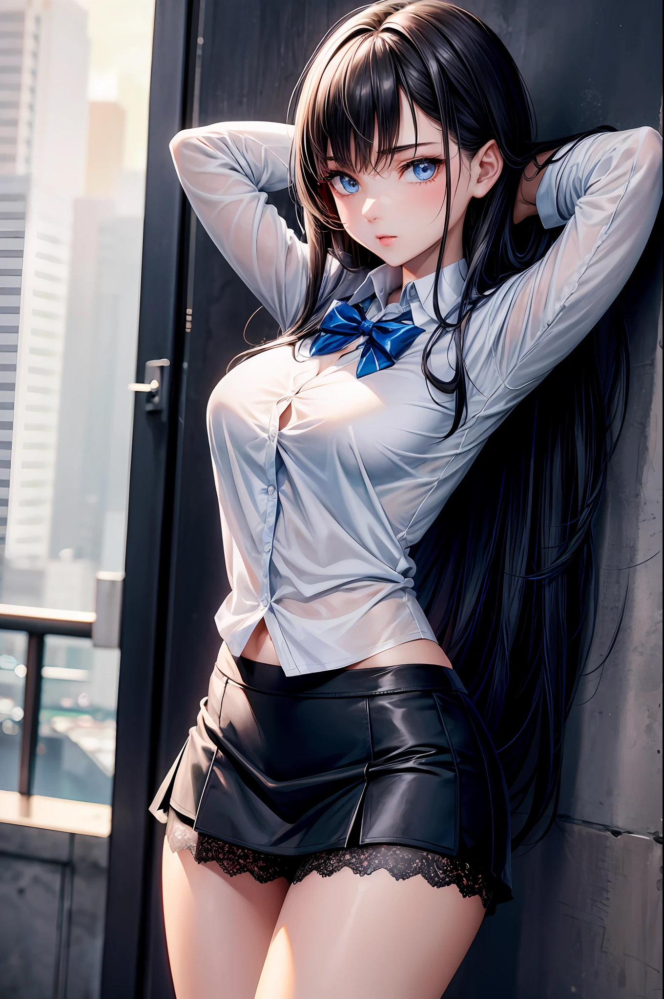 8K, Attractive, intensely detailed, 20 Year Old Girl, sexy and attractive woman with dark, black hair. She has beautiful sky-blue eyes with a heart inside. She is dressed in white, short and unbuttoned shirt. She is wearing a blue miniskirt. Her skirt is lifted up, and from under the skirt we see sexy, black lace panties with bow.