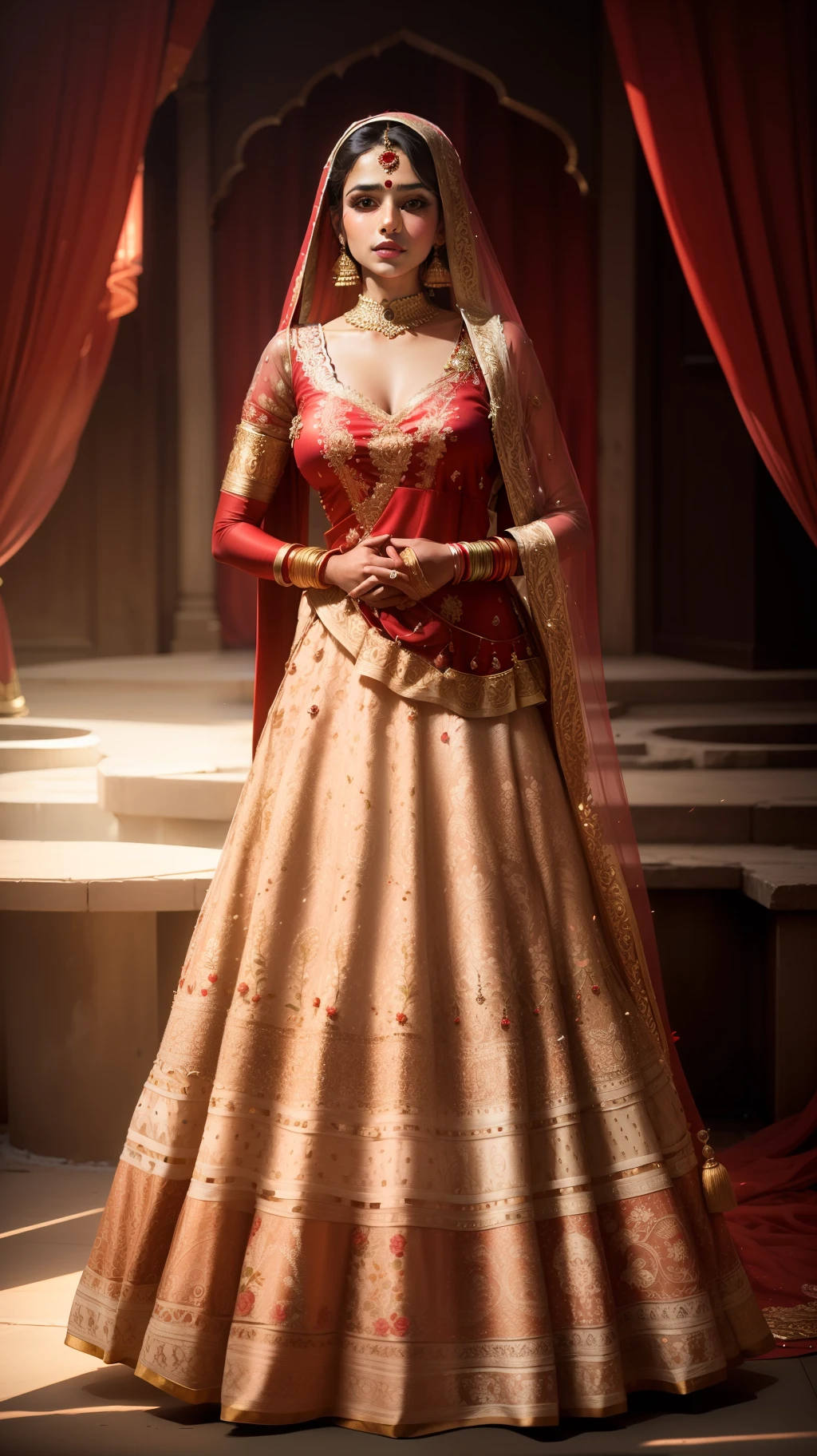 Girl in Indian wedding red dress, with designs.