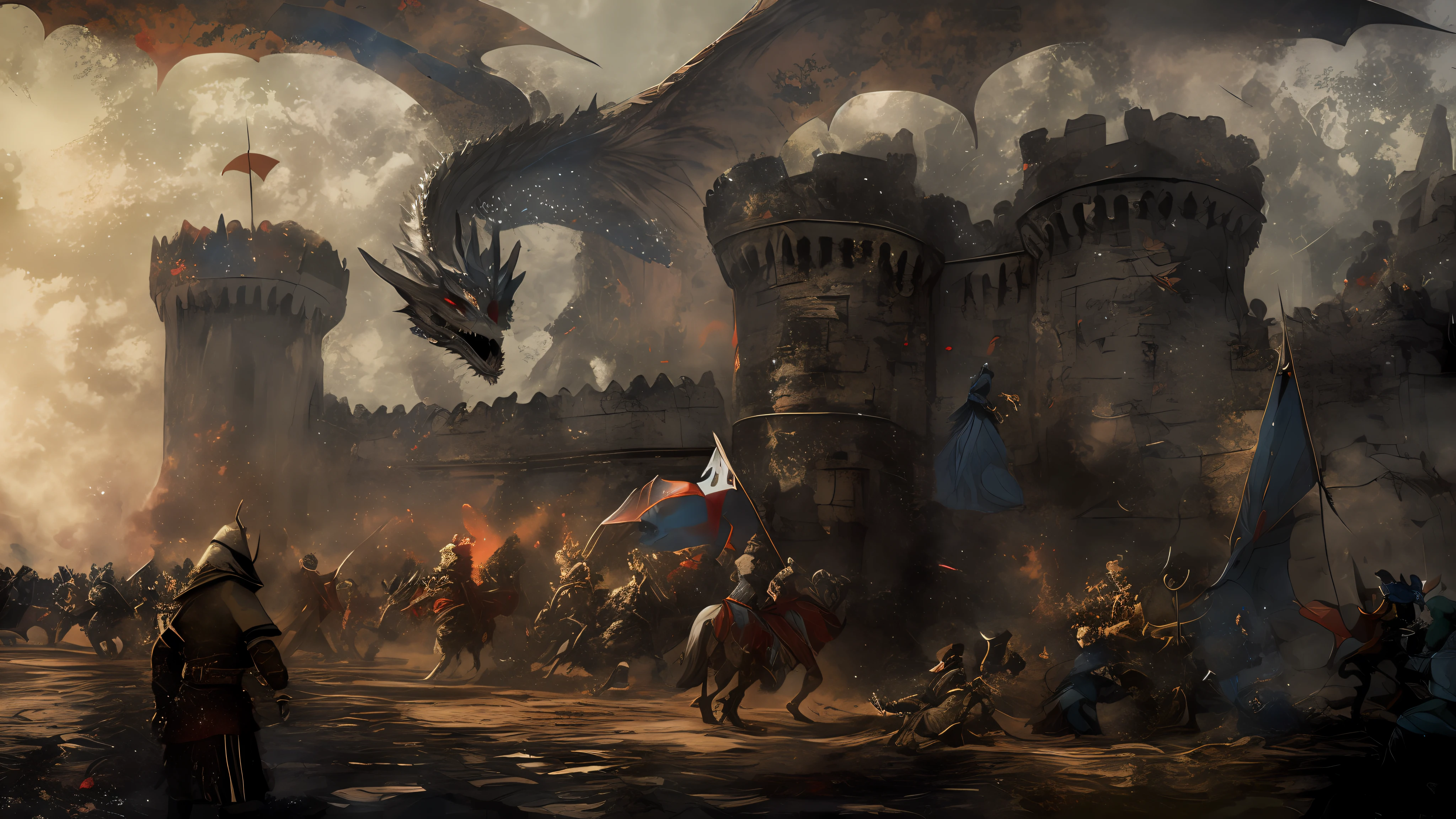 With the left blue and right red background as the background, create a picture of a dragon soaring in the sky,The background of constant conflict among people --auto
