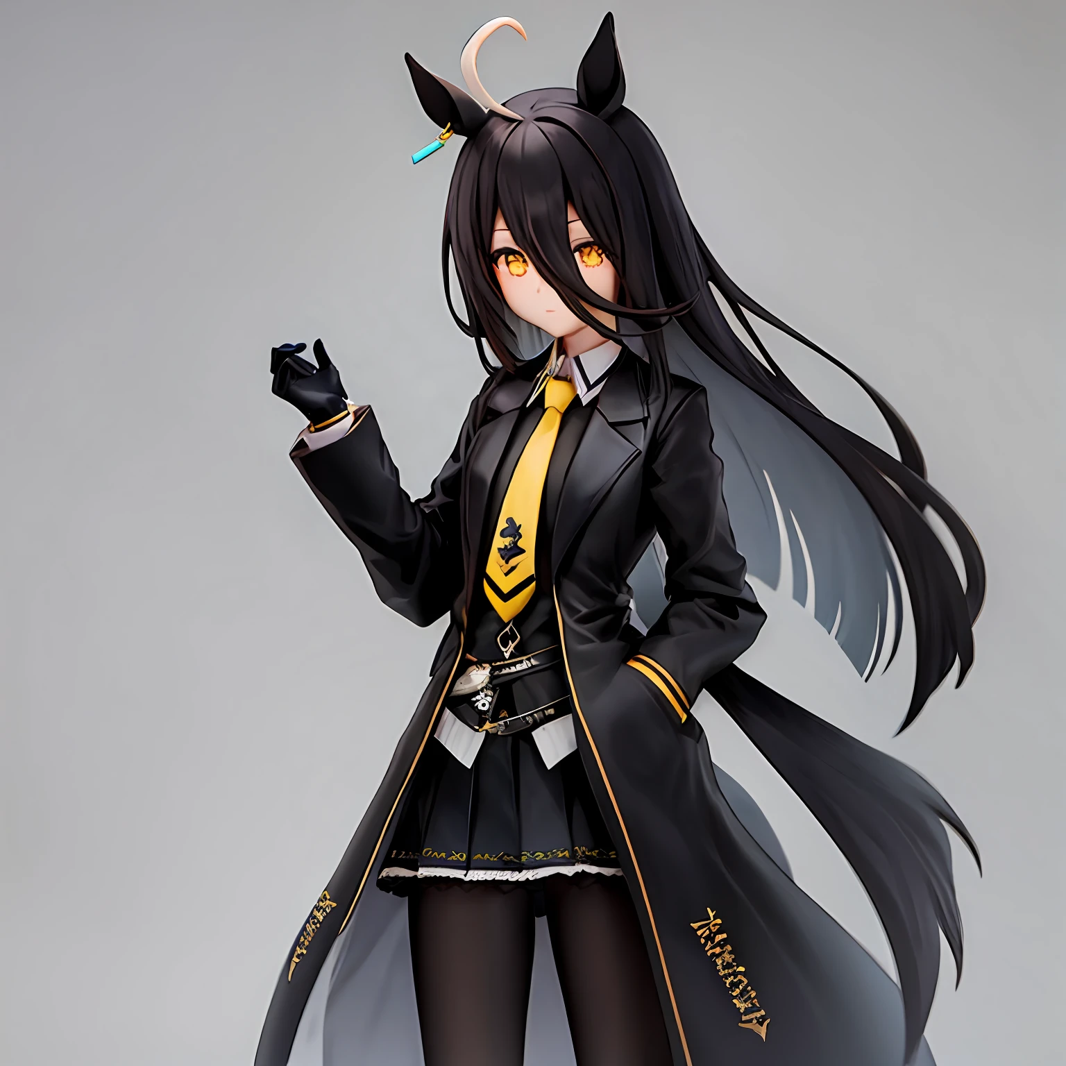 1girl in,manhattan-cafe,manhattan-cafe(Racing Wear),Horse Girl,Horse ears,hair_Bland_Eyes,Solo,pantyhose,long_hair, Black_hair, Black Gloves,yellow_Eyes,Ahoge,neck tie,Black_Jacket,Skirt,Black_Footwear,(shiny:1.2),Simple background