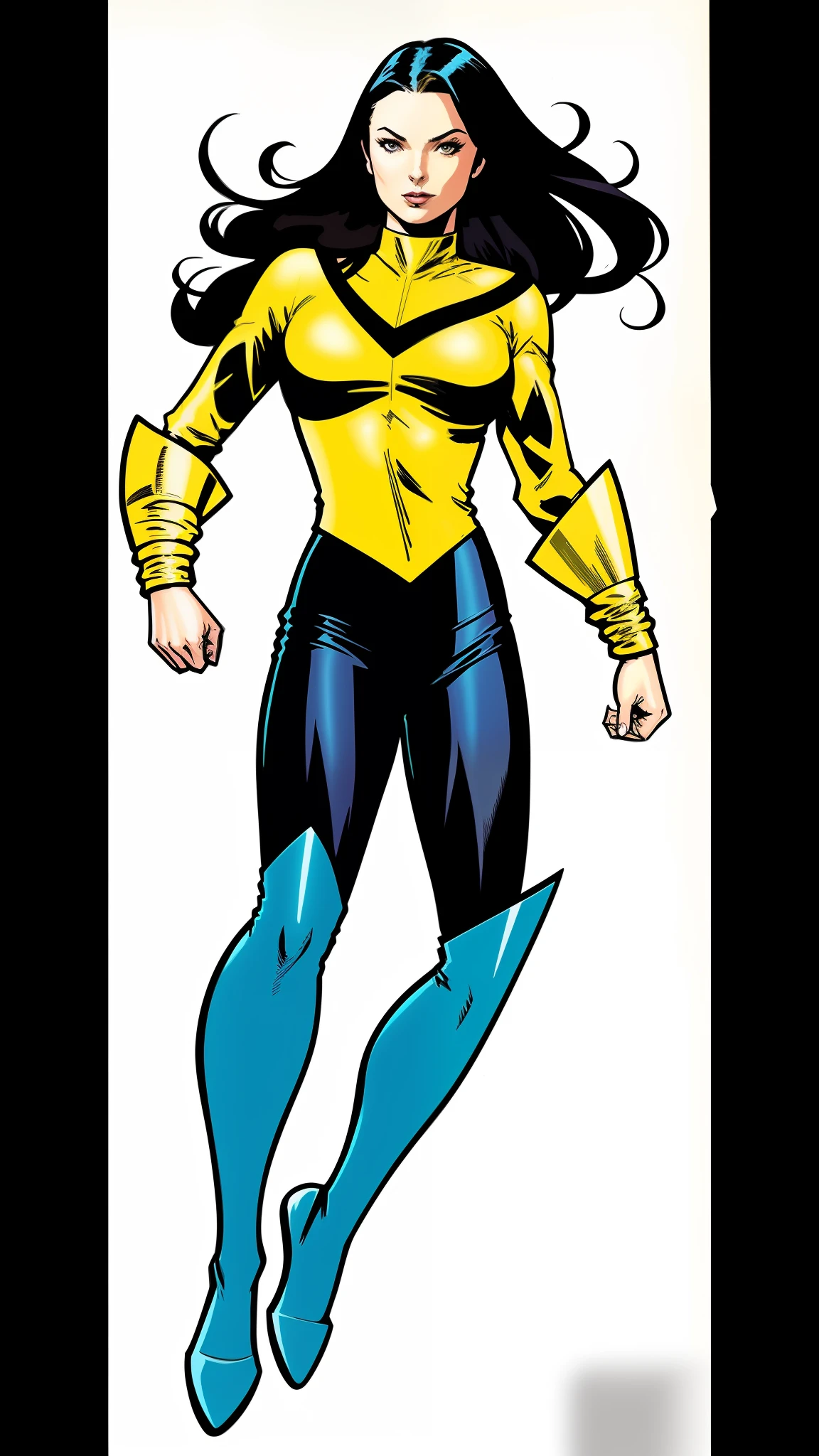 a close up of a woman in a yellow and blue costume, full body portrait of jean grey, yellow x-man costume, 90s comic book character design, dinah drake, with shoulder pads, cassandra cain in satin, x-man costume, sigma female, comic book character, wanda maximoff, as a retrofuturistic heroine, p. craig russell