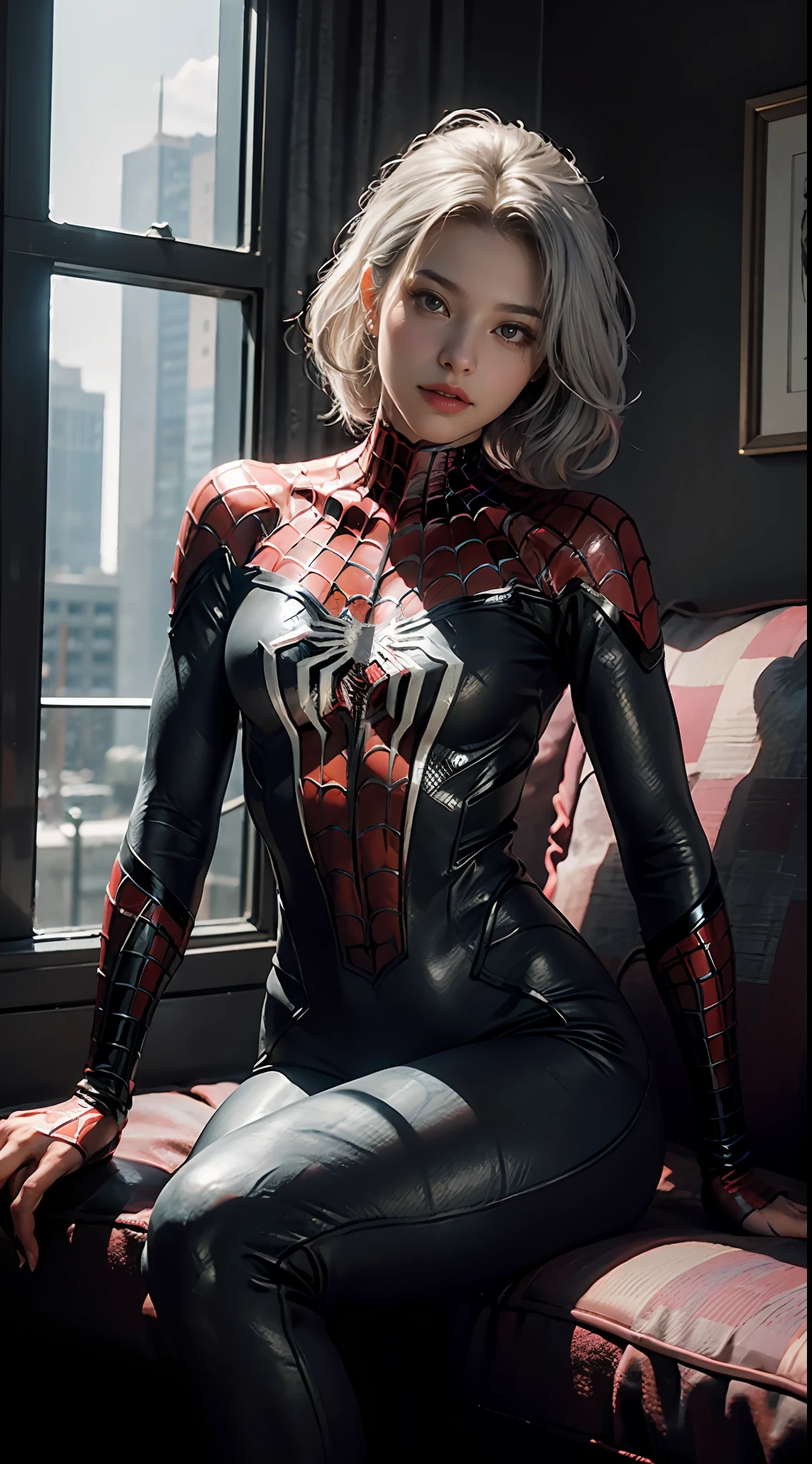 (Extreme Detail CG Unity 8K wallpaper, masterpiece, highest quality), (Exquisite lighting and shadow, highly dramatic picture, Cinematic lens effect), a girl in a white Spider-Man costume, silver gray hair color, from the Spider-Man parallel universe, Wenger, Marvel, Spider-Man, sitting on the couch, dynamic pose), (excellent detail, excellent lighting, wide angle), (excellent rendering, enough to stand out in its class), focus on white Spider-Man costumes, complex spider textures