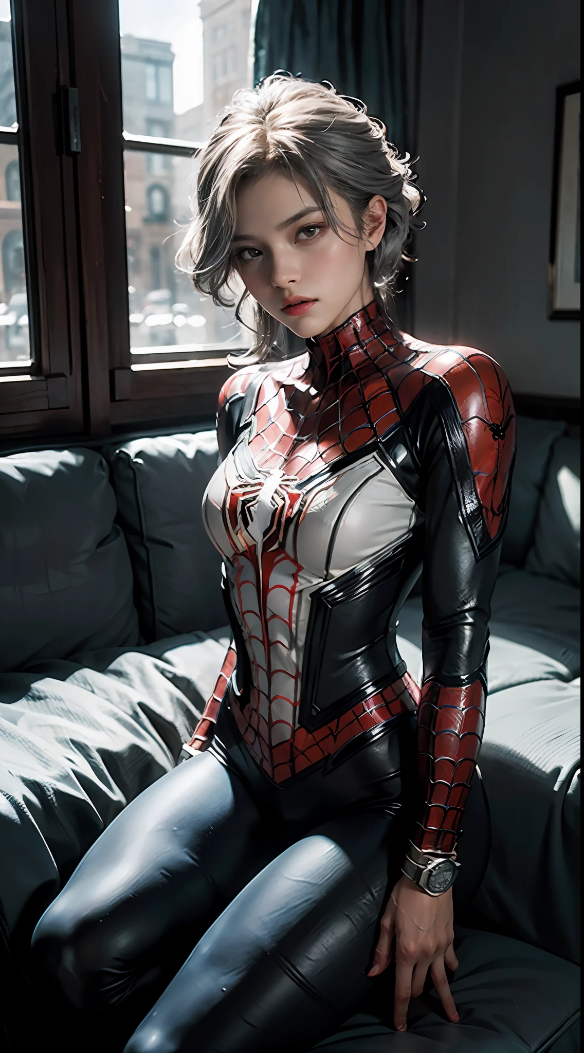 (Extreme Detail CG Unity 8K wallpaper, masterpiece, highest quality), (Exquisite lighting and shadow, highly dramatic picture, Cinematic lens effect), a girl in a white Spider-Man costume, silver gray hair color, from the Spider-Man parallel universe, Wenger, Marvel, Spider-Man, sitting on the couch, dynamic pose), (excellent detail, excellent lighting, wide angle), (excellent rendering, enough to stand out in its class), focus on white Spider-Man costumes, complex spider textures