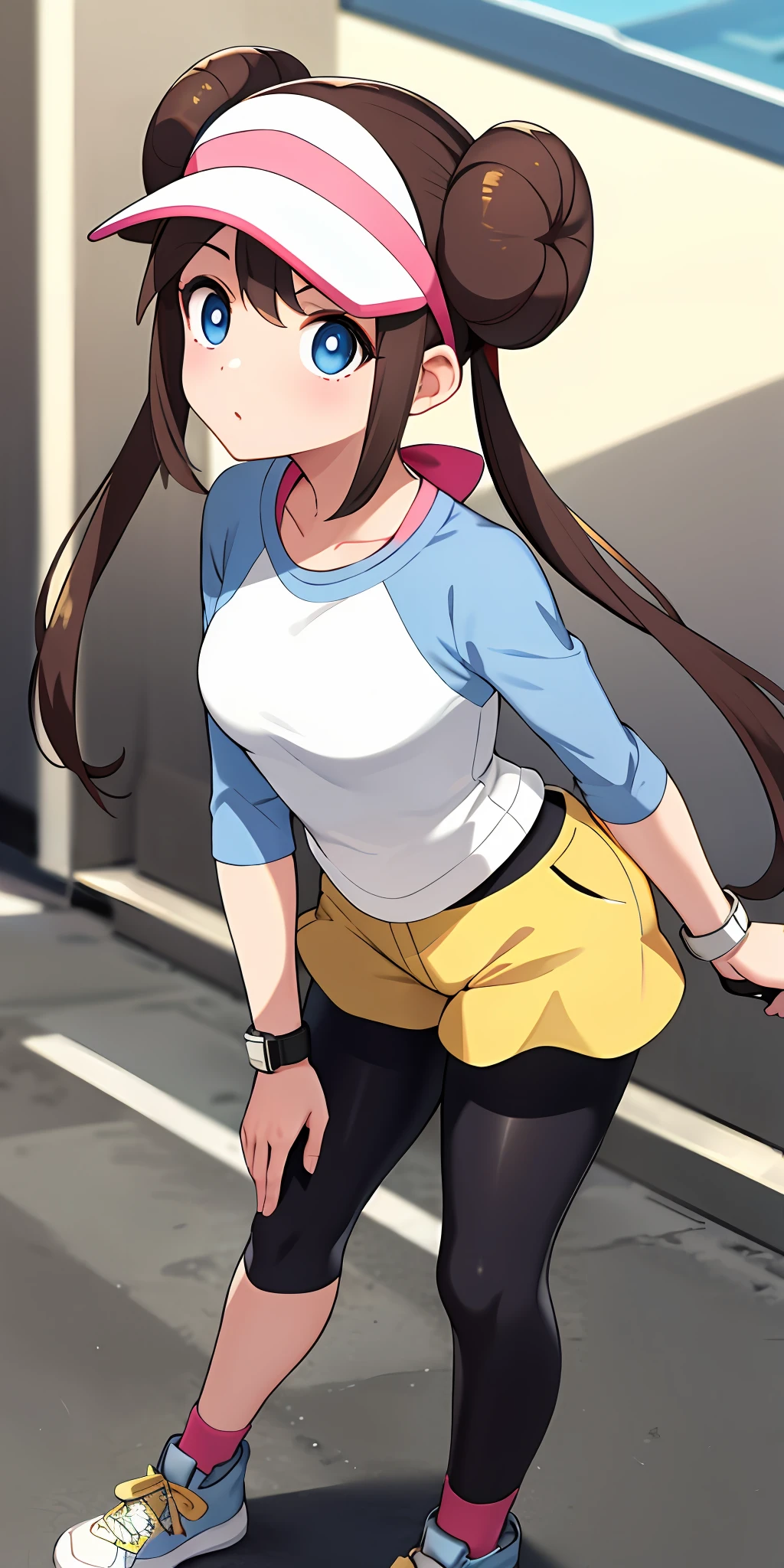 masterpiece, best quality, highres, ro1, hair bun, blue eyes, twintails, visor cap, pantyhose, raglan sleeves, yellow shorts, shirt, pink bow, wristwatch, standing, leaning forward, gym,