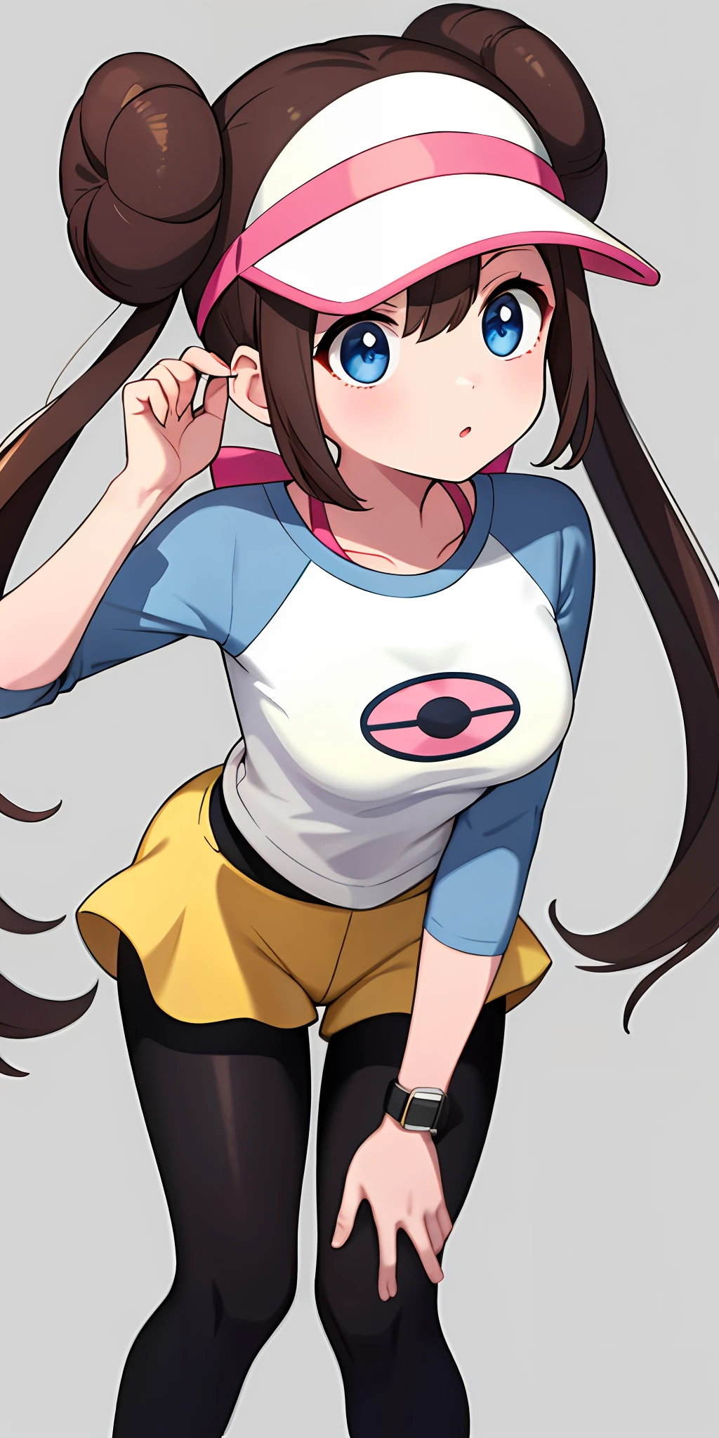 masterpiece, best quality, highres, ro1, hair bun, blue eyes, twintails, visor cap, pantyhose, raglan sleeves, yellow shorts, shirt, pink bow, wristwatch, standing, leaning forward, gym,
