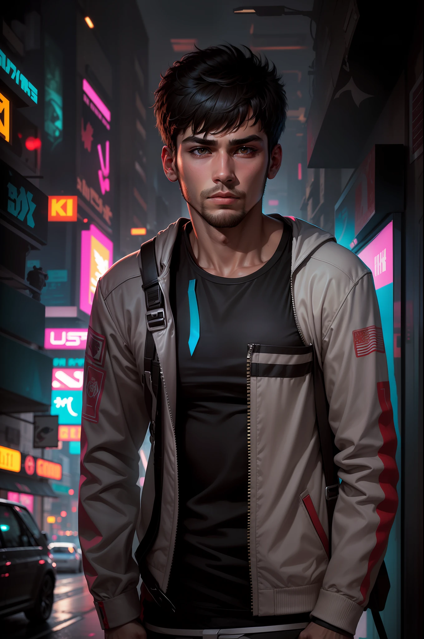 Change background cyberpunk handsome boy ultra realistic face