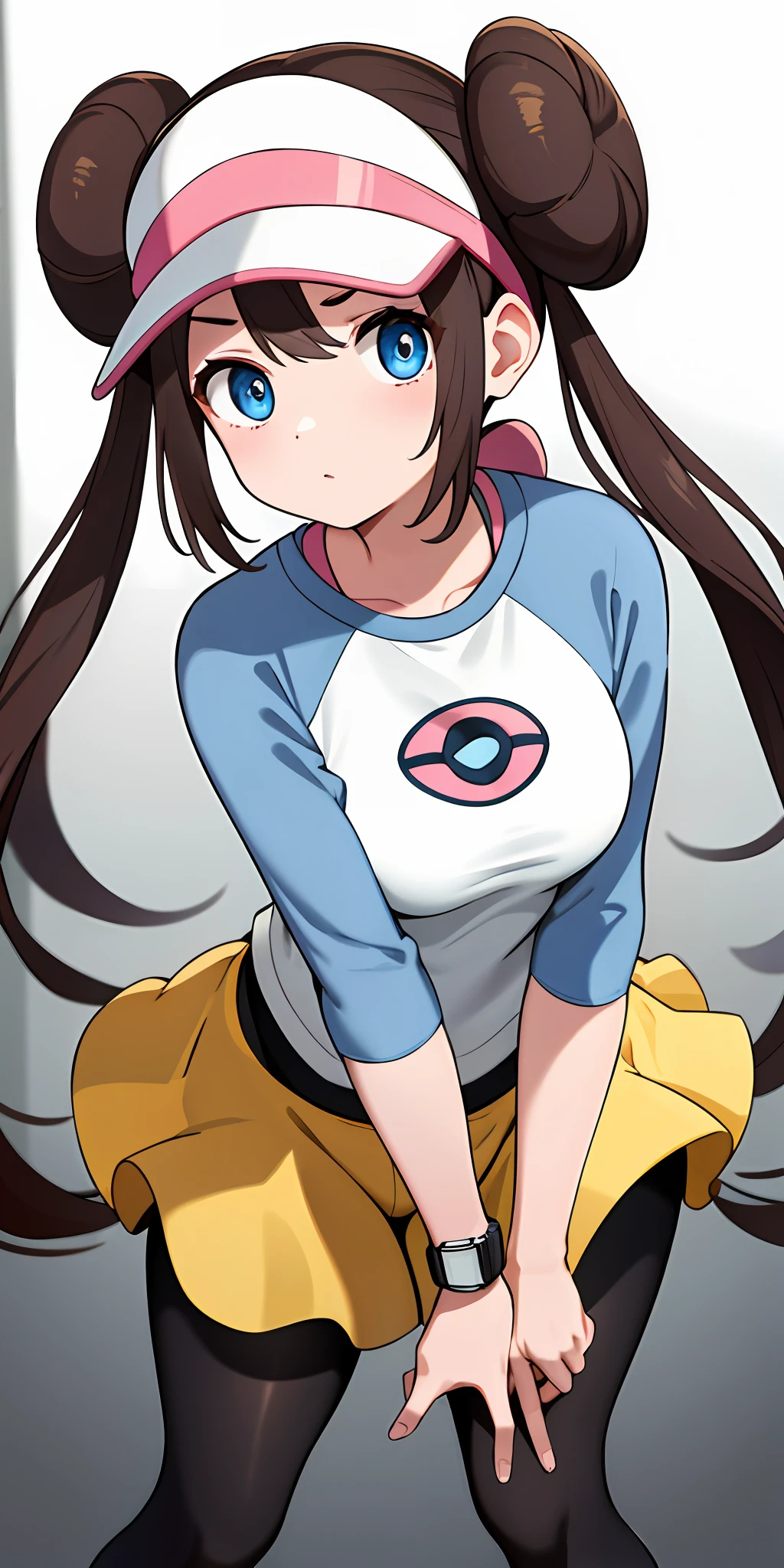 masterpiece, best quality, highres, ro1, hair bun, blue eyes, twintails, visor cap, pantyhose, raglan sleeves, yellow shorts, shirt, pink bow, wristwatch, standing, leaning forward, gym,