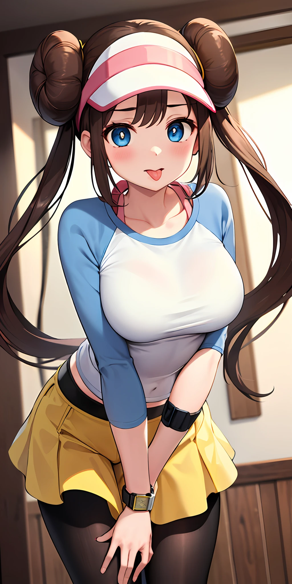 masterpiece, best quality, highres, ro1, hair bun, blue eyes, twintails, visor cap, pantyhose, raglan sleeves, yellow shorts, shirt, pink bow, wristwatch, standing, leaning forward, gym, exposed belly, shiny skin, bowed forward, tongue out of mouth, blush, sexy body, defined body, perfect eyes