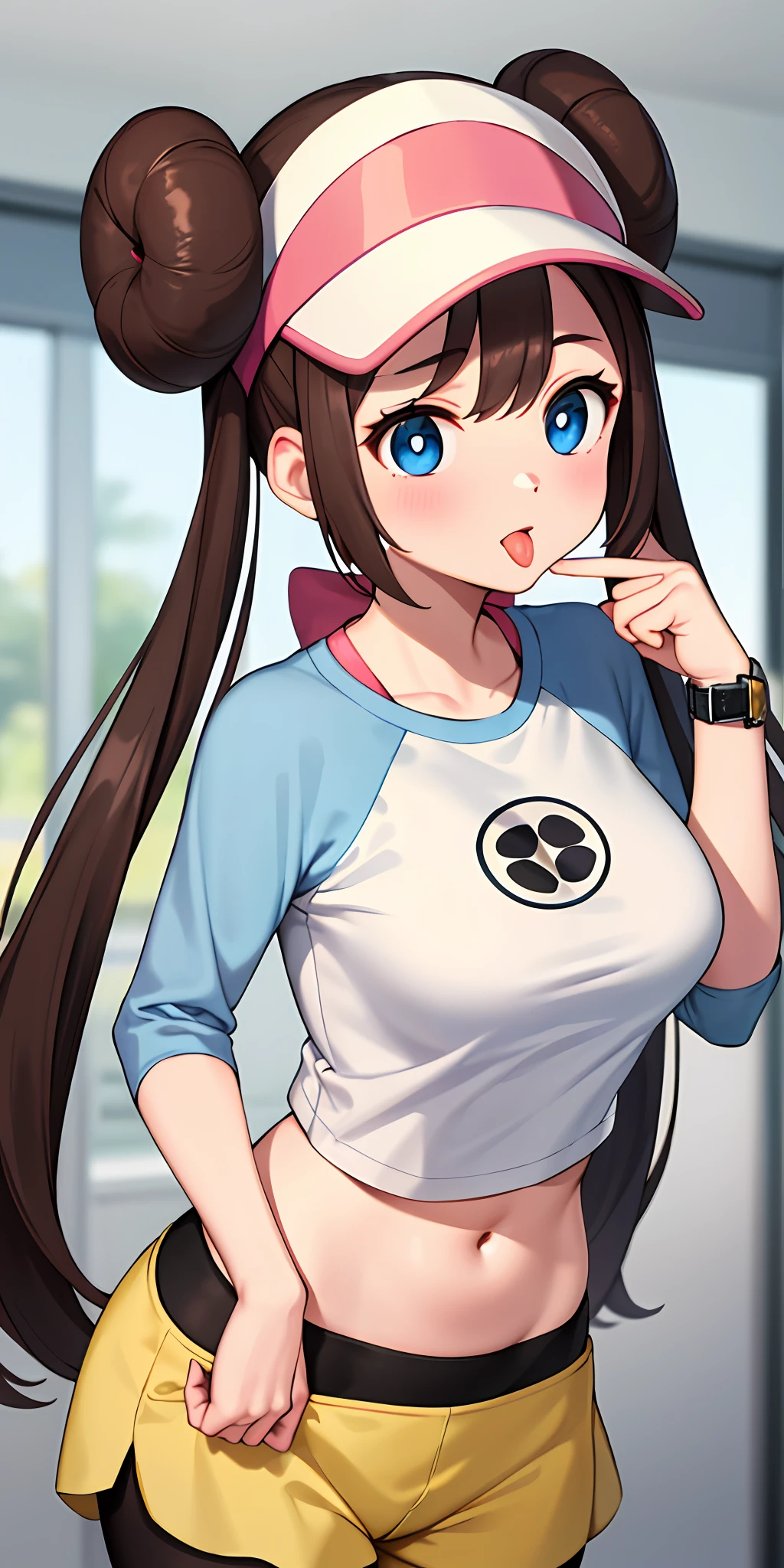 masterpiece, best quality, highres, ro1, hair bun, blue eyes, twintails, visor cap, pantyhose, raglan sleeves, yellow shorts, shirt, pink bow, wristwatch, standing, leaning forward, gym, exposed belly, shiny skin, bowed forward, tongue out of mouth, blush, sexy body, defined body, perfect eyes