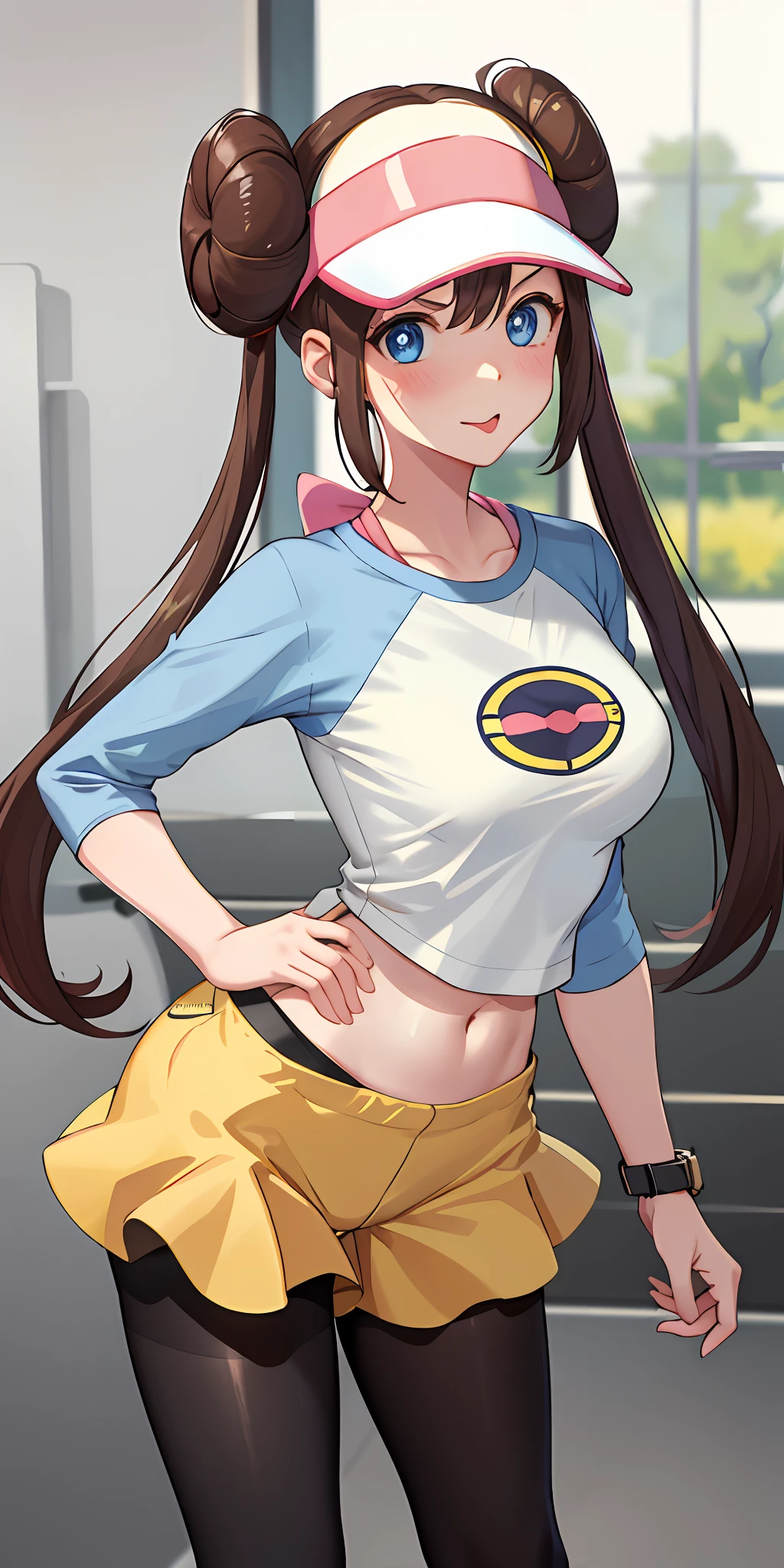 masterpiece, best quality, highres, ro1, hair bun, blue eyes, twintails, visor cap, pantyhose, raglan sleeves, yellow shorts, shirt, pink bow, wristwatch, standing, leaning forward, gym, exposed belly, shiny skin, tongue out of mouth, blush, sexy body, defined body, perfect eyes