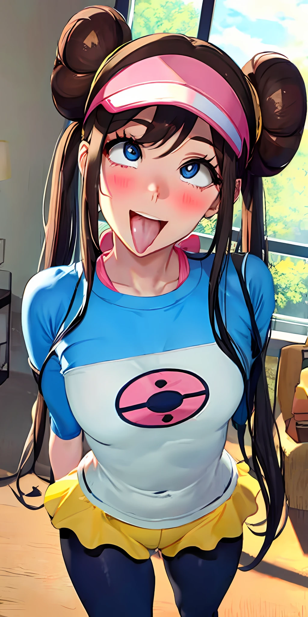 masterpiece, best quality, high resolution, ro1, bun, blue eyes, twintails, beanie with visor, tights, raglan sleeves, yellow shorts, shirt, pink bow, wristwatch, standing, leaning forward, gym, bare belly, shiny skin, tongue out of mouth, blush, sexy body, defined body, perfect eyes, tongue out, blush, crossed eyes