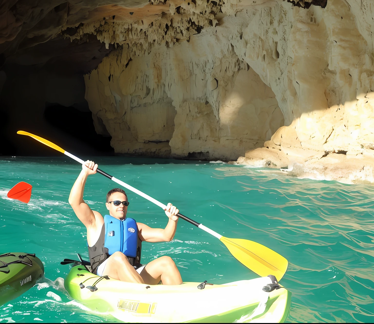There was a man kayaking in the water, In a cave, in a cave with the waterfall, on the ocean water, natural cave wall, triumphant pose, is playing happily, greg rutwoski, on a floating rock island, On the ocean, cover shot, Daniel Lucourt, speleothems!, Adventure, tyler west, On a kayak in the forest
